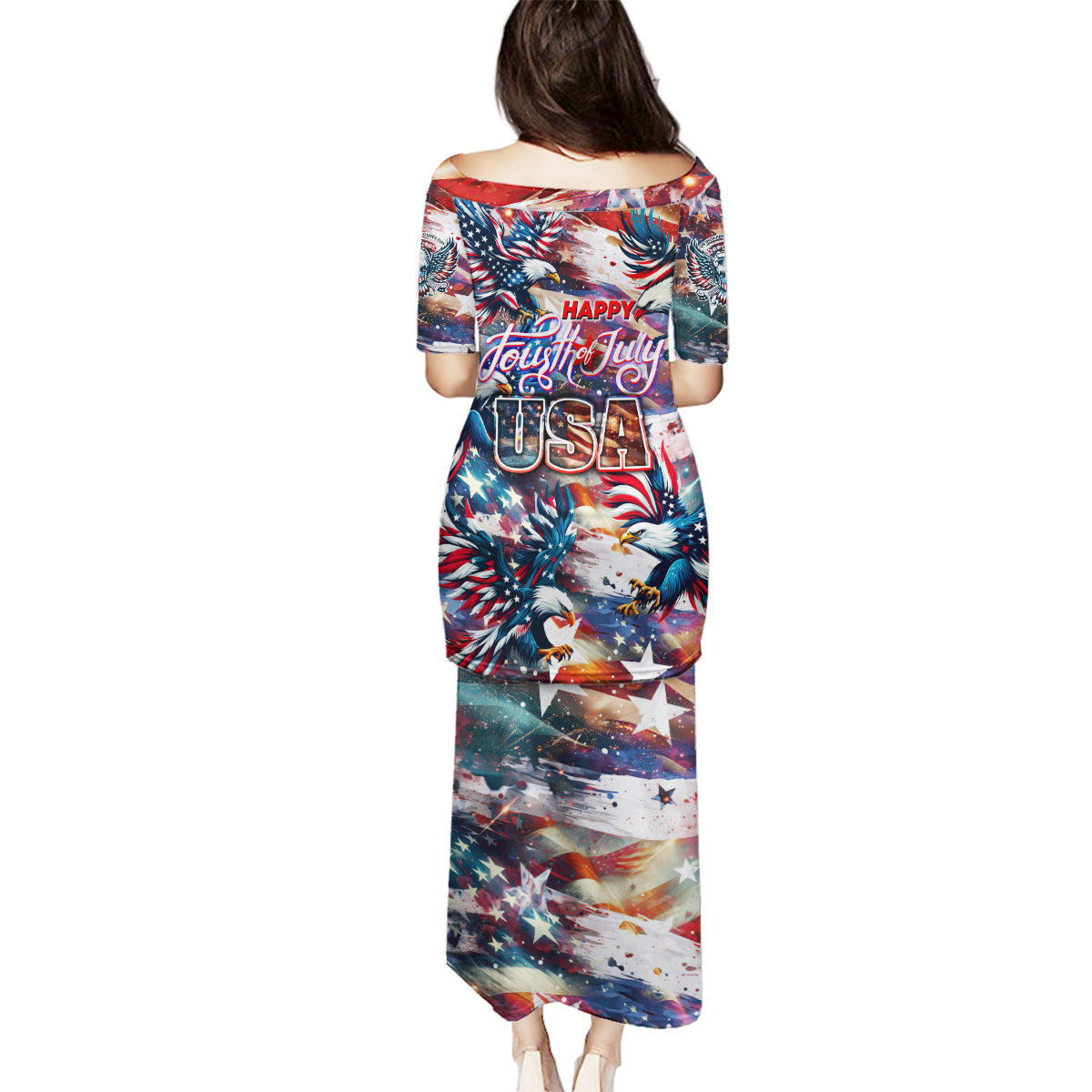 Happy Fourth of July Family Matching Puletasi and Hawaiian Shirt American Eagle Flag US Independence Day - Wonder Print Shop