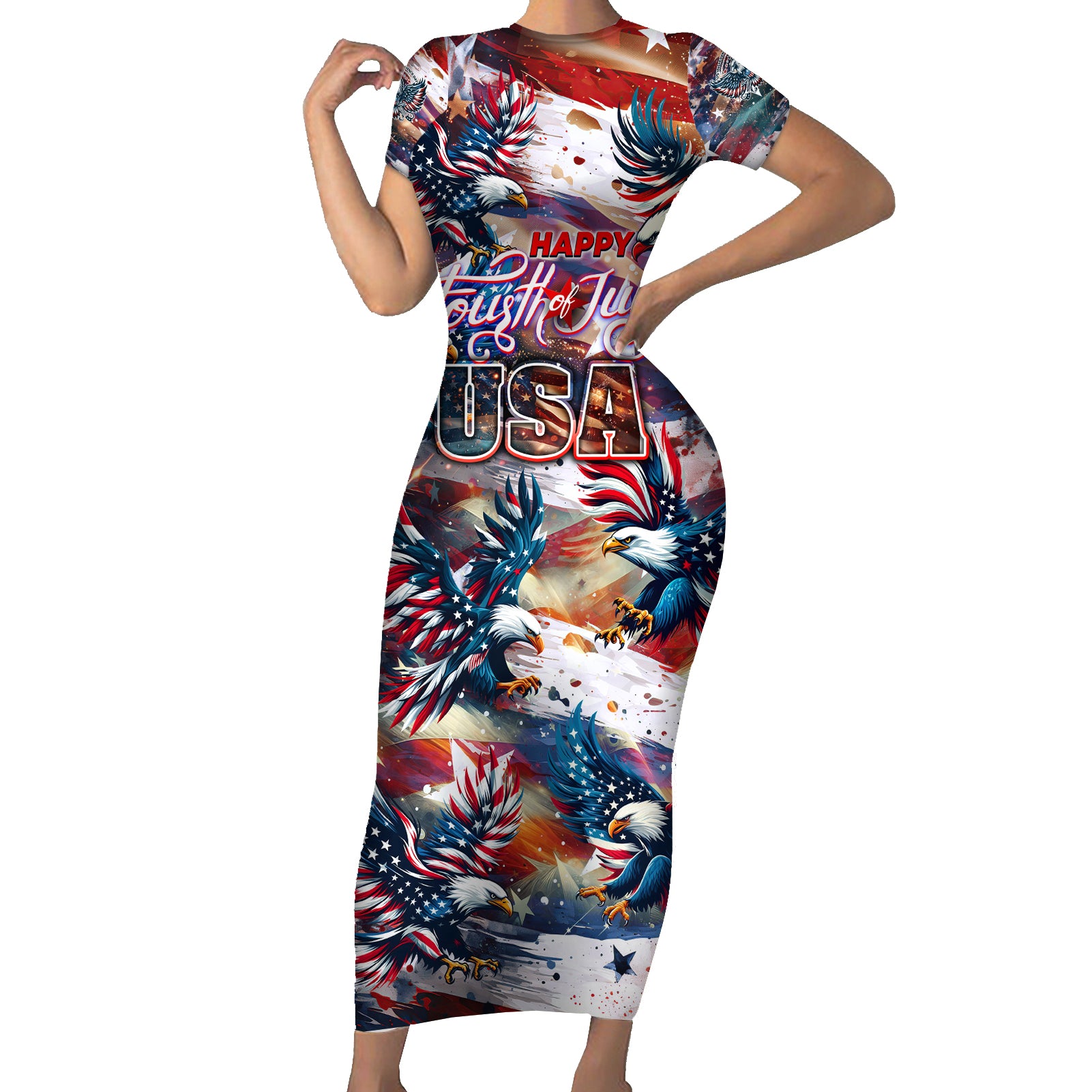Happy Fourth of July Short Sleeve Bodycon Dress American Eagle Flag US Independence Day - Wonder Print Shop