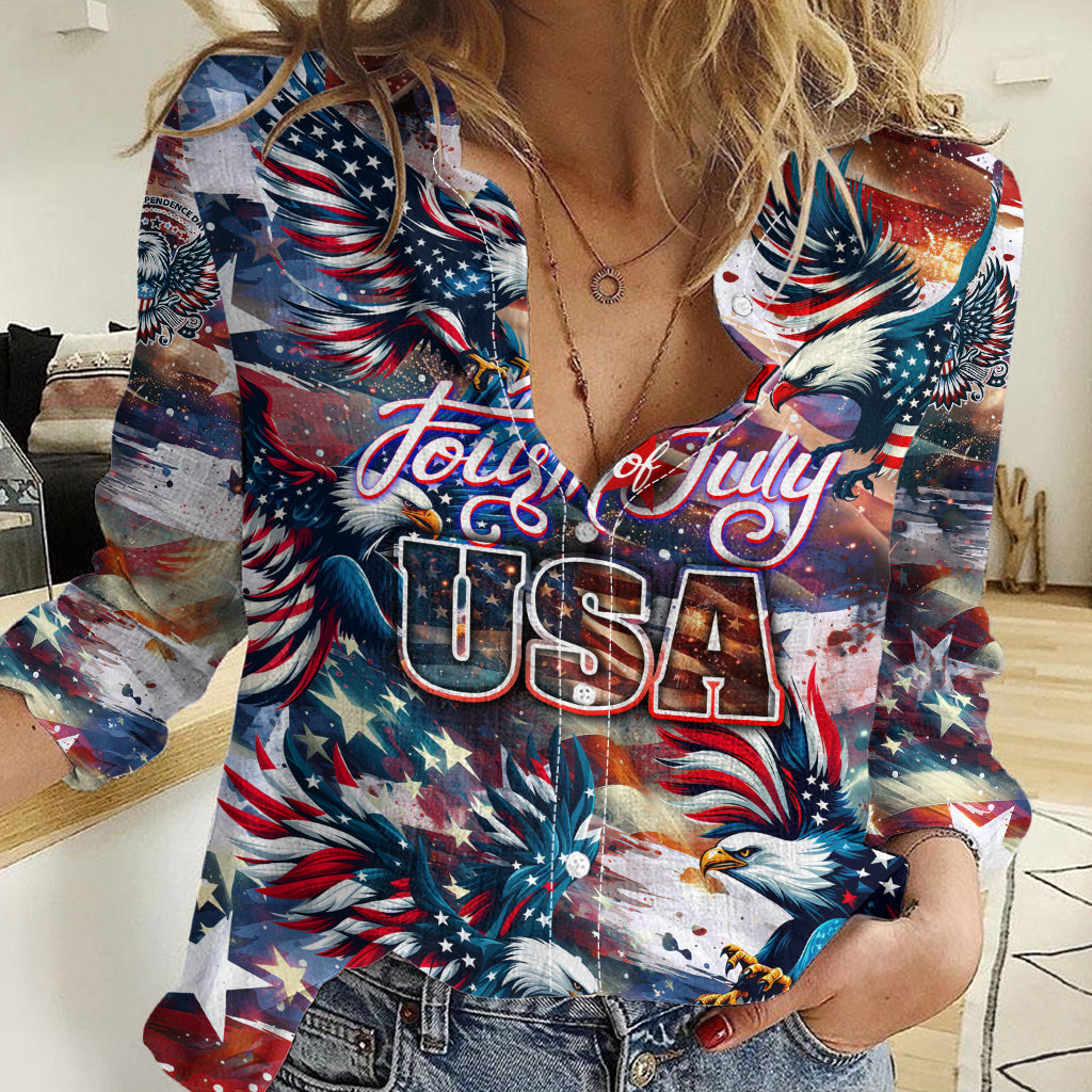 Happy Fourth of July Women Casual Shirt American Eagle Flag US Independence Day - Wonder Print Shop