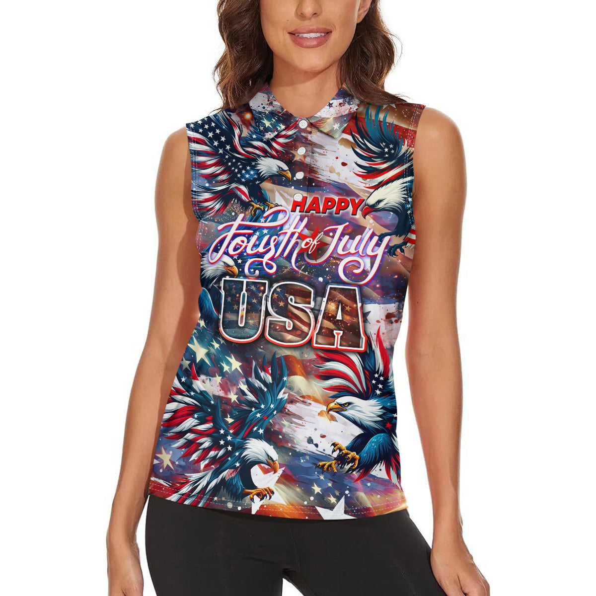 Happy Fourth of July Women Sleeveless Polo Shirt American Eagle Flag US Independence Day - Wonder Print Shop