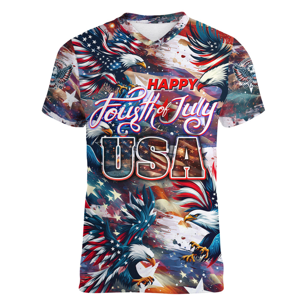 Happy Fourth of July Women V-Neck T-Shirt American Eagle Flag US Independence Day - Wonder Print Shop