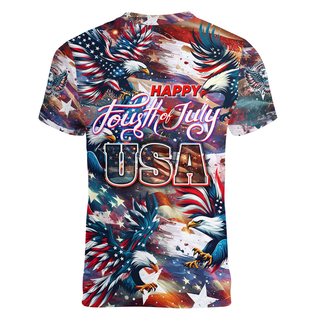 Happy Fourth of July Women V-Neck T-Shirt American Eagle Flag US Independence Day - Wonder Print Shop