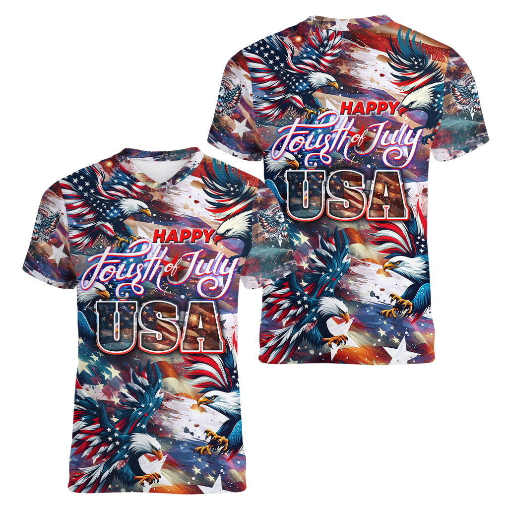 Happy Fourth of July Women V-Neck T-Shirt American Eagle Flag US Independence Day - Wonder Print Shop
