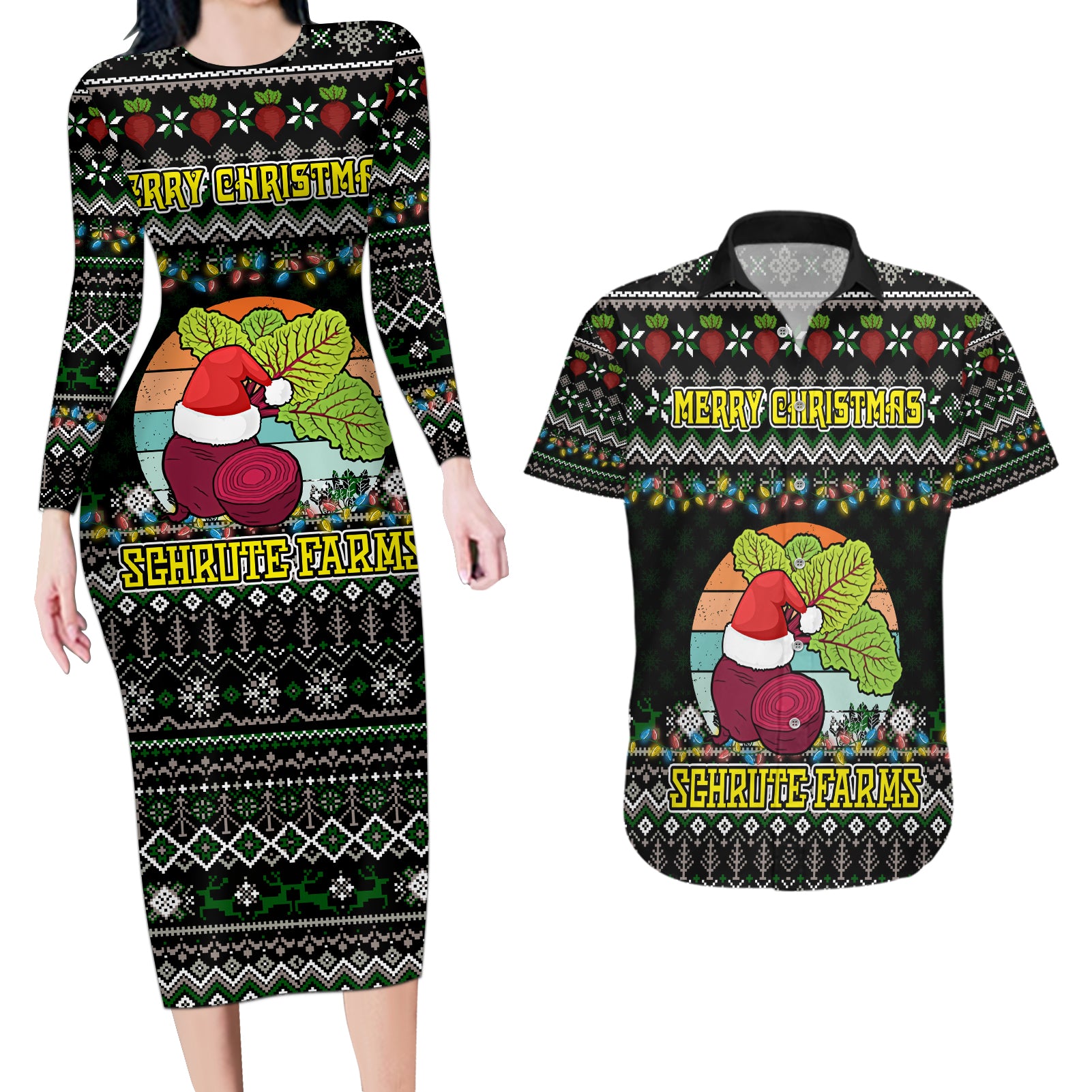 Merry Christmas Schrute Farms Couples Matching Long Sleeve Bodycon Dress and Hawaiian Shirt - Wonder Print Shop