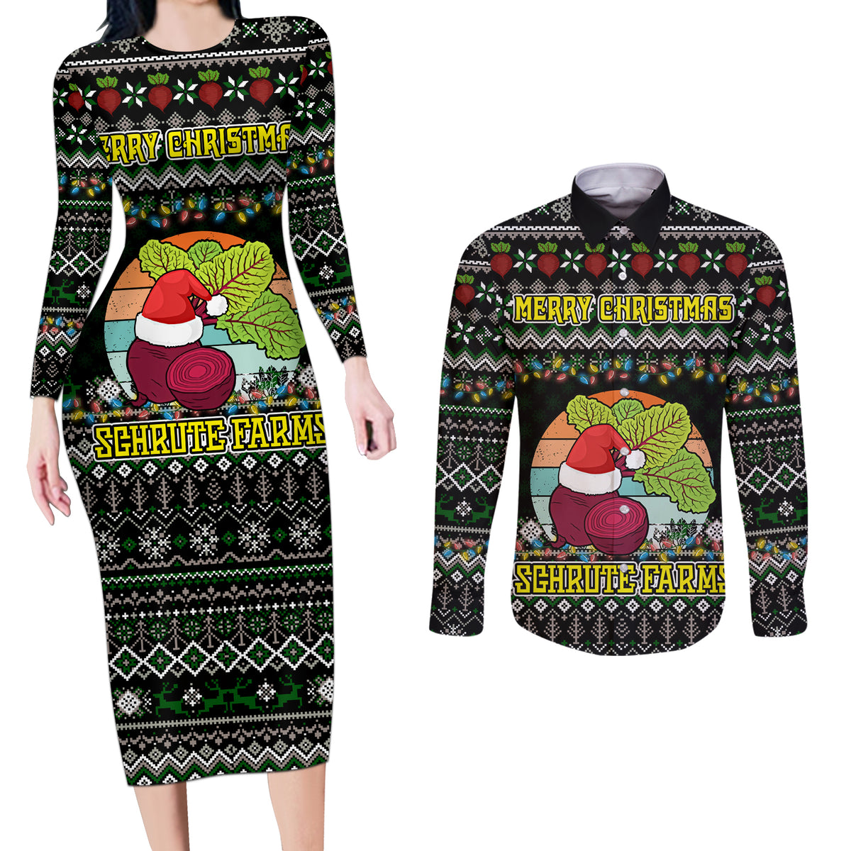 Merry Christmas Schrute Farms Couples Matching Long Sleeve Bodycon Dress and Long Sleeve Button Shirt - Wonder Print Shop