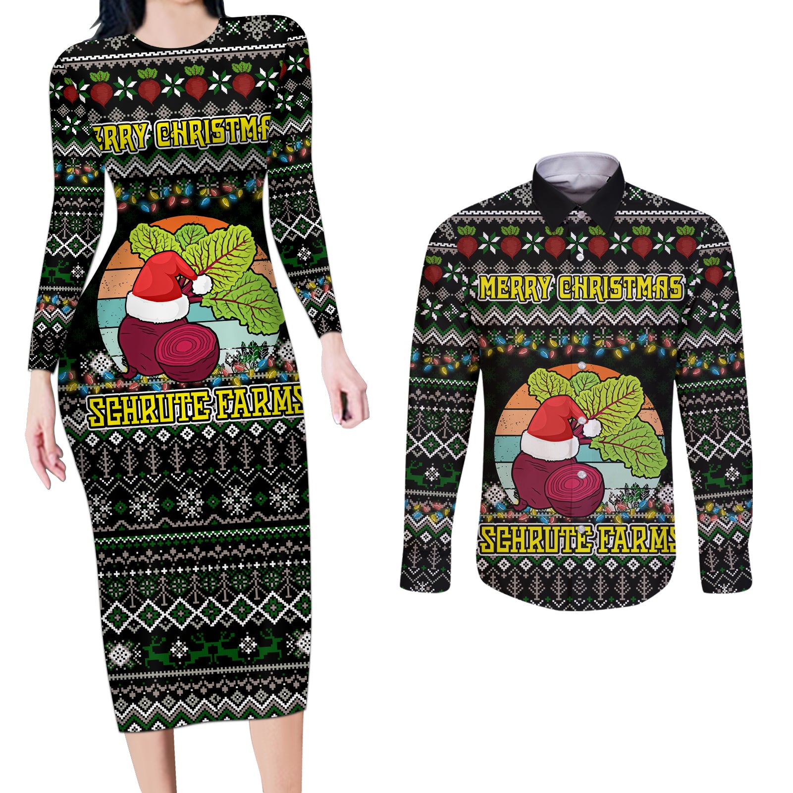 Merry Christmas Schrute Farms Couples Matching Long Sleeve Bodycon Dress and Long Sleeve Button Shirt - Wonder Print Shop