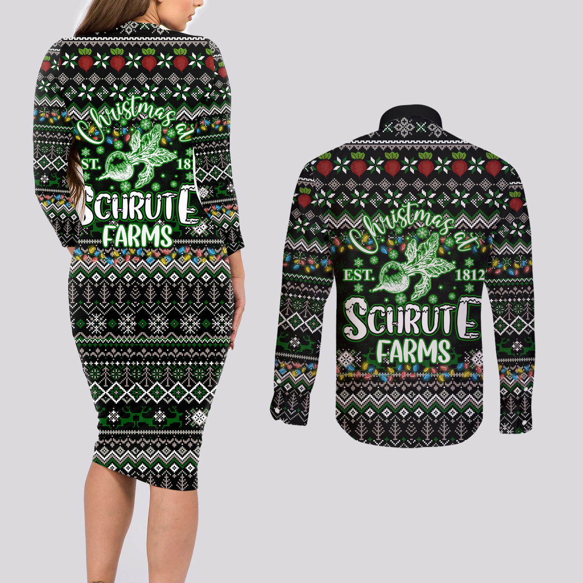 Merry Christmas Schrute Farms Couples Matching Long Sleeve Bodycon Dress and Long Sleeve Button Shirt - Wonder Print Shop