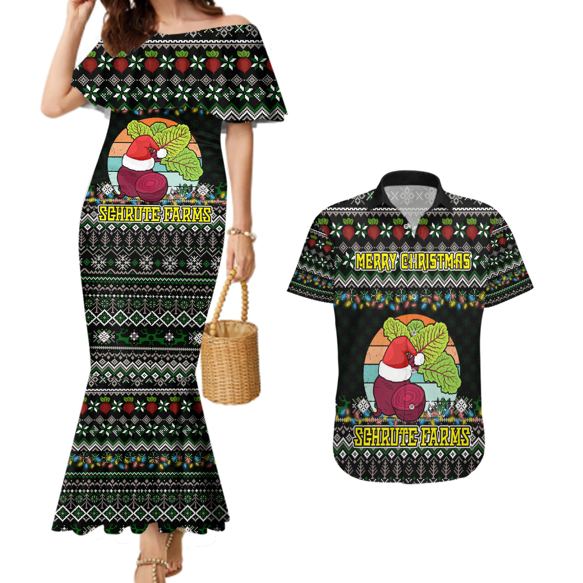 Merry Christmas Schrute Farms Couples Matching Mermaid Dress and Hawaiian Shirt - Wonder Print Shop