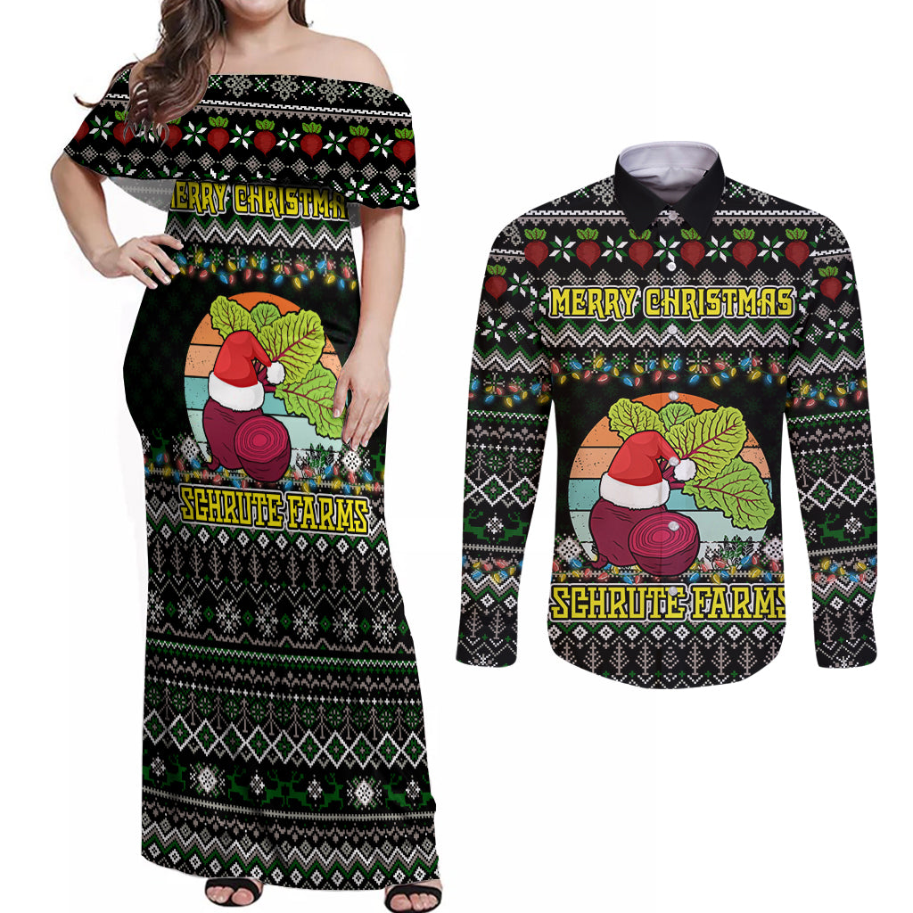 Merry Christmas Schrute Farms Couples Matching Off Shoulder Maxi Dress and Long Sleeve Button Shirt - Wonder Print Shop