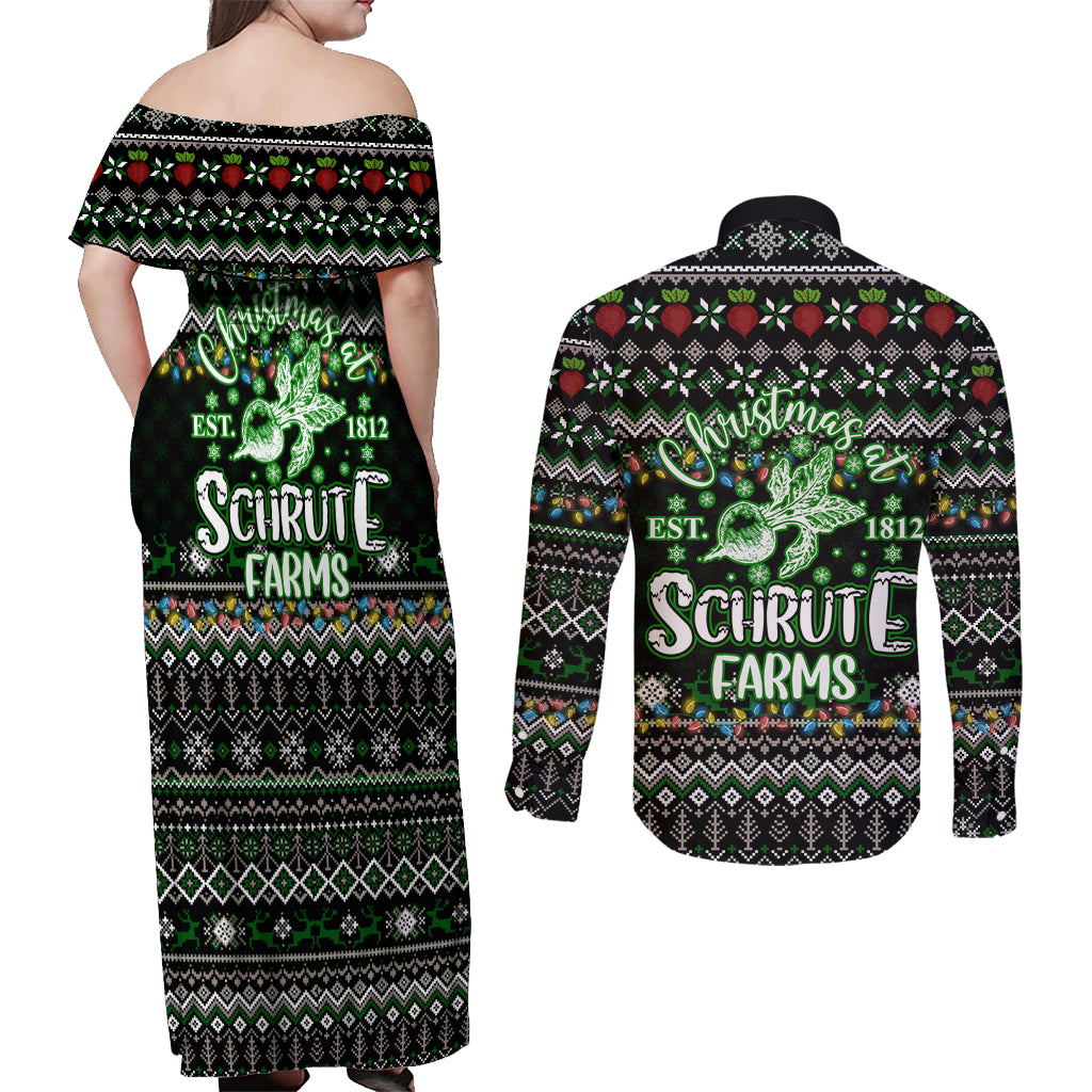 Merry Christmas Schrute Farms Couples Matching Off Shoulder Maxi Dress and Long Sleeve Button Shirt - Wonder Print Shop