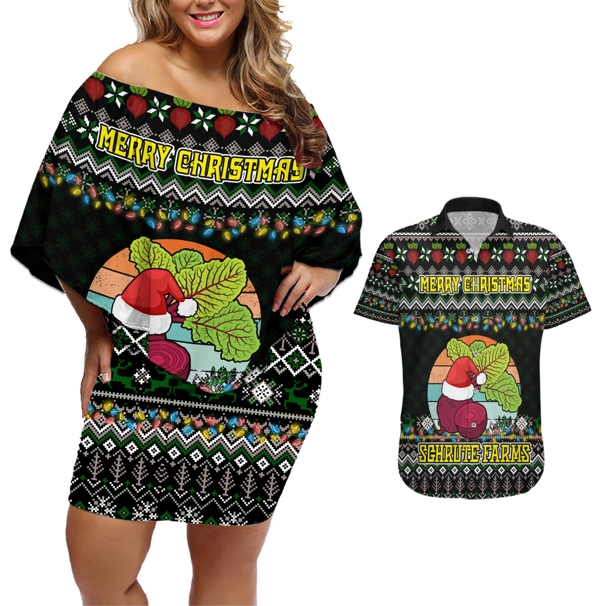 Merry Christmas Schrute Farms Couples Matching Off Shoulder Short Dress and Hawaiian Shirt - Wonder Print Shop