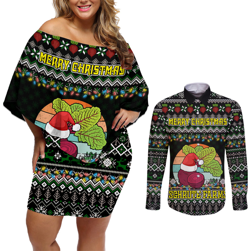 Merry Christmas Schrute Farms Couples Matching Off Shoulder Short Dress and Long Sleeve Button Shirt - Wonder Print Shop