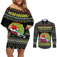 Merry Christmas Schrute Farms Couples Matching Off Shoulder Short Dress and Long Sleeve Button Shirt - Wonder Print Shop