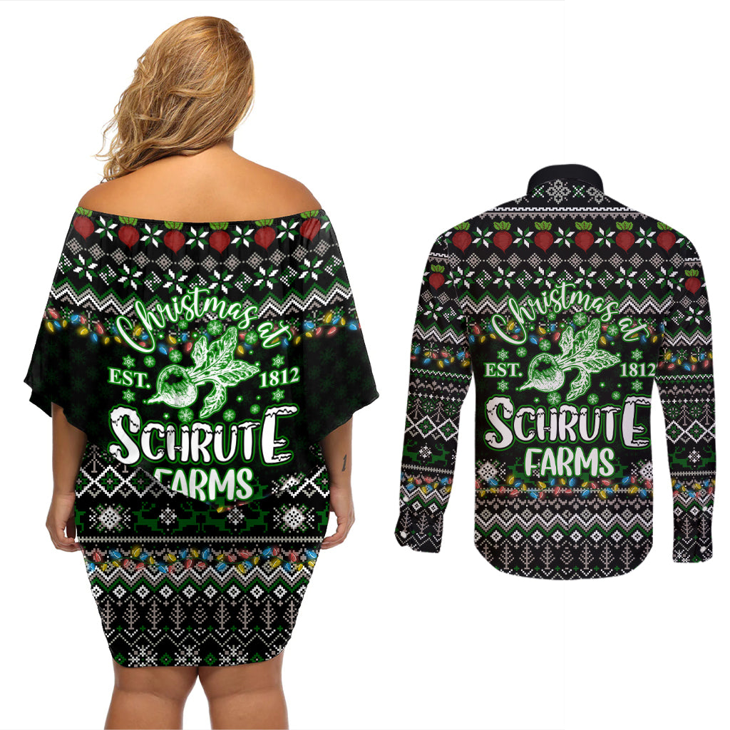 Merry Christmas Schrute Farms Couples Matching Off Shoulder Short Dress and Long Sleeve Button Shirt - Wonder Print Shop
