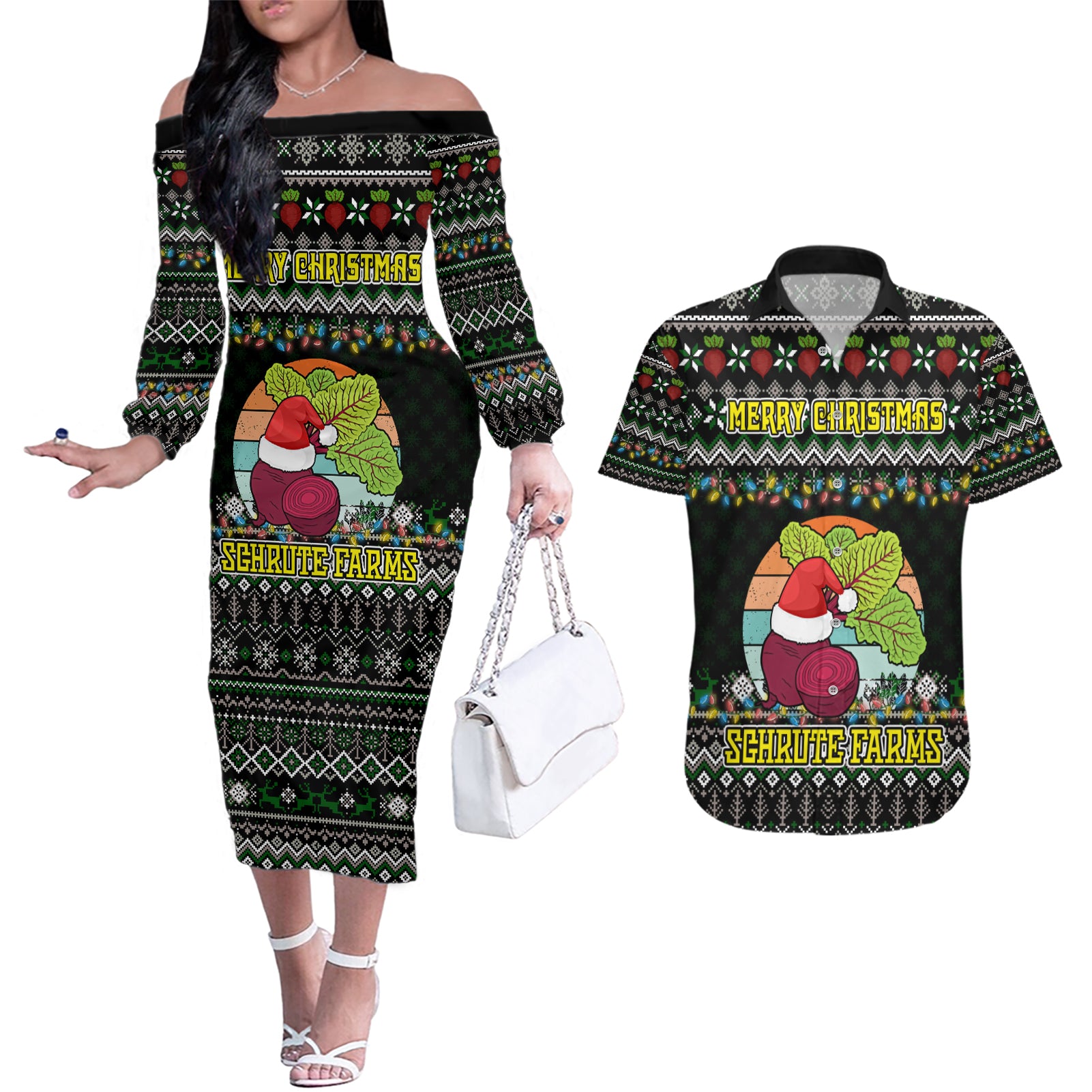 Merry Christmas Schrute Farms Couples Matching Off The Shoulder Long Sleeve Dress and Hawaiian Shirt - Wonder Print Shop