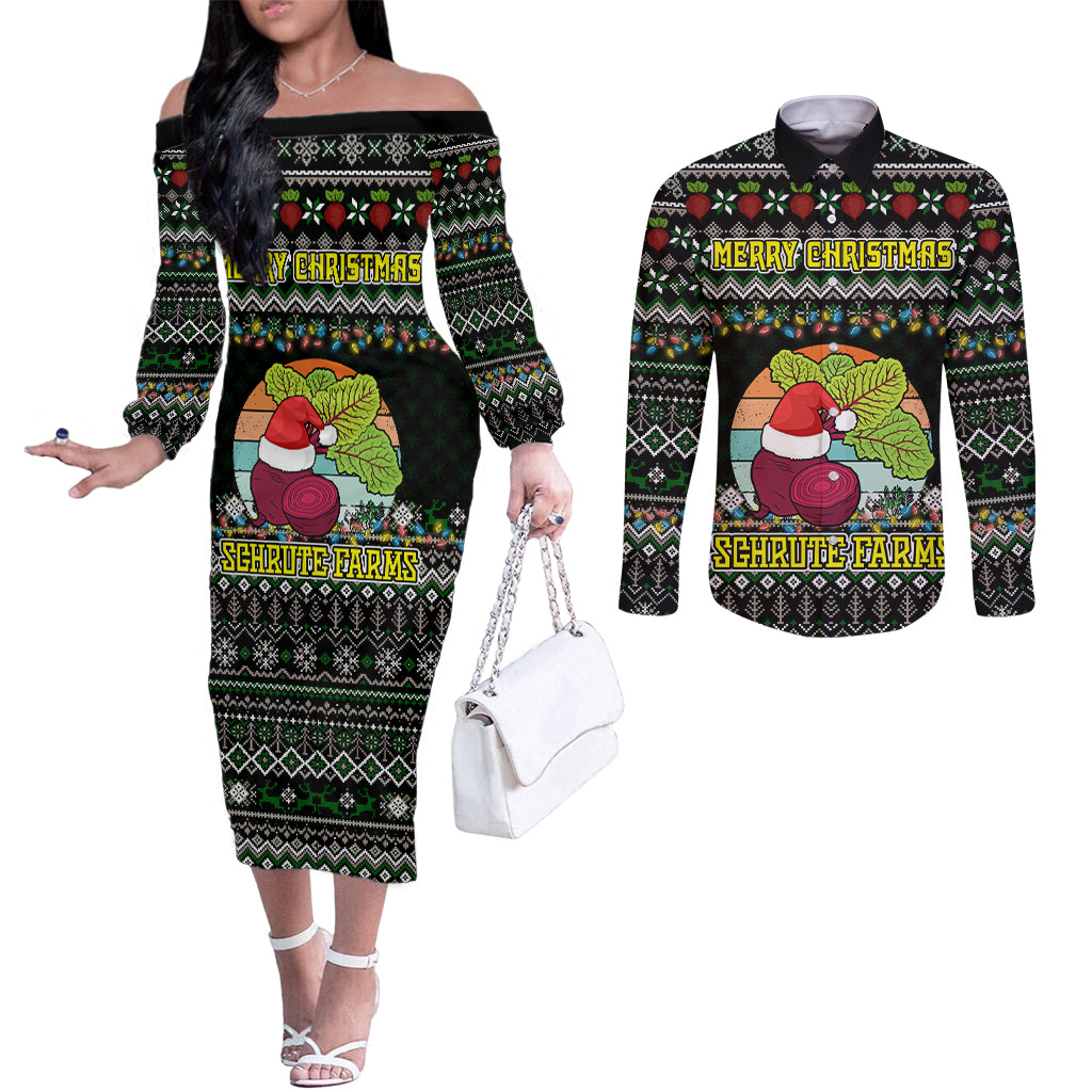merry-christmas-schrute-farms-couples-matching-off-the-shoulder-long-sleeve-dress-and-long-sleeve-button-shirt