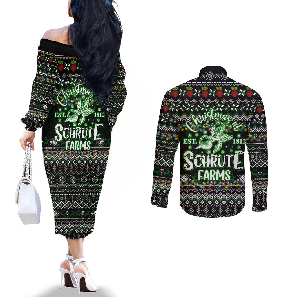 merry-christmas-schrute-farms-couples-matching-off-the-shoulder-long-sleeve-dress-and-long-sleeve-button-shirt