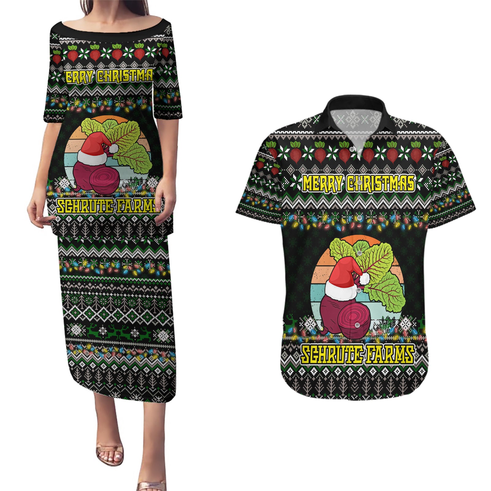Merry Christmas Schrute Farms Couples Matching Puletasi Dress and Hawaiian Shirt - Wonder Print Shop