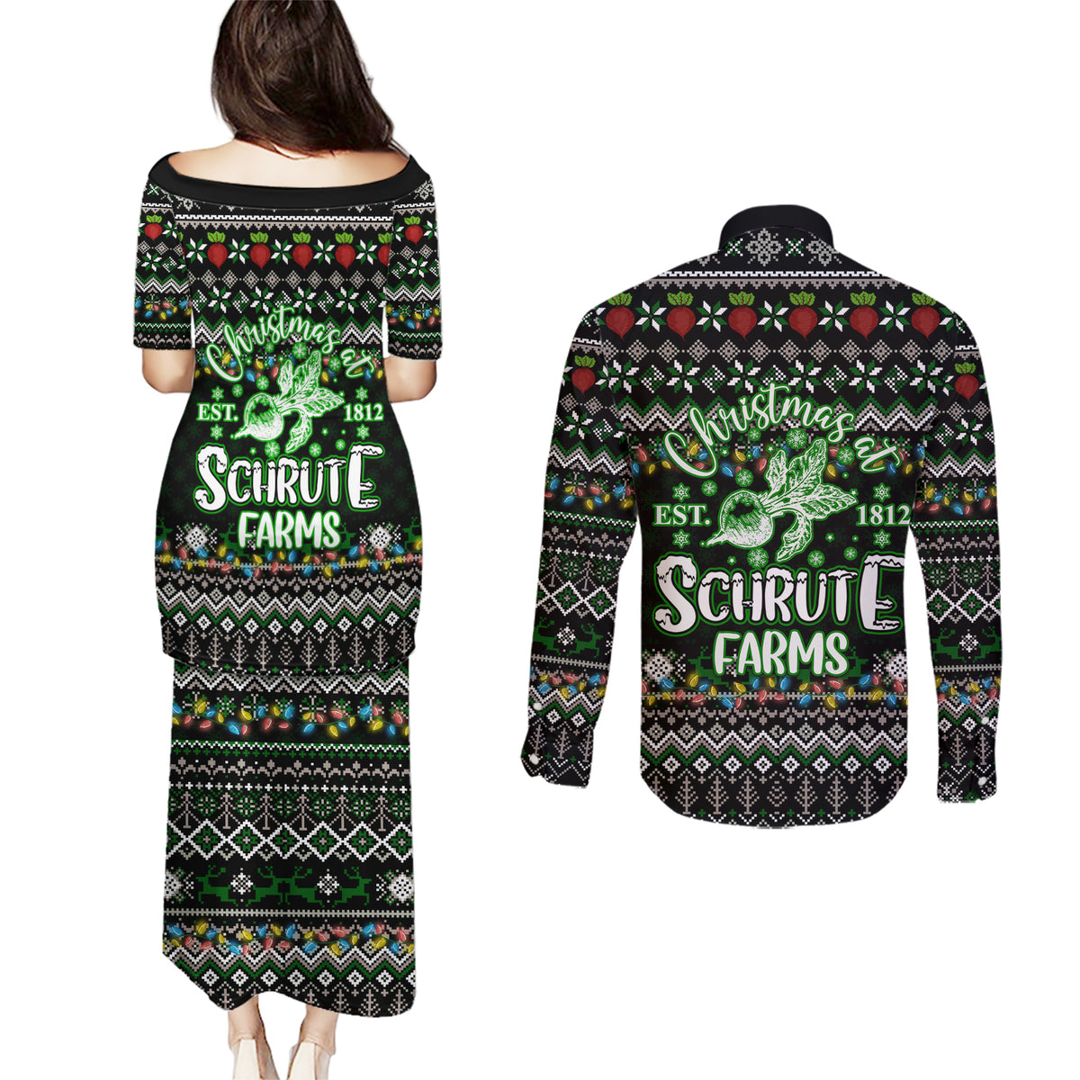 Merry Christmas Schrute Farms Couples Matching Puletasi Dress and Long Sleeve Button Shirt - Wonder Print Shop
