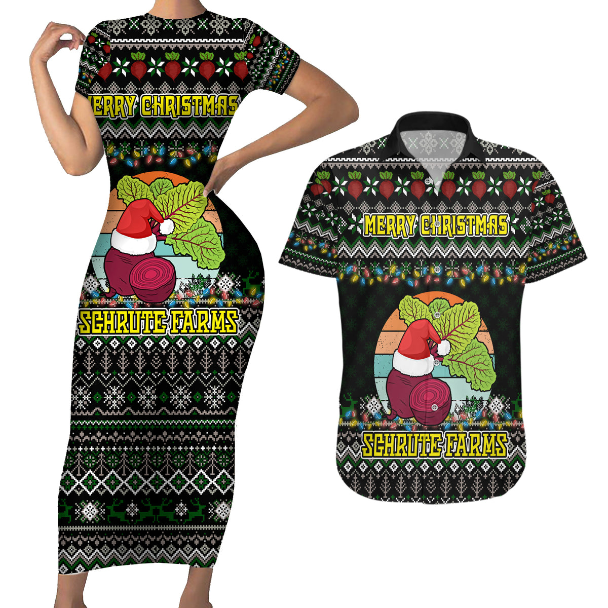 Merry Christmas Schrute Farms Couples Matching Short Sleeve Bodycon Dress and Hawaiian Shirt - Wonder Print Shop