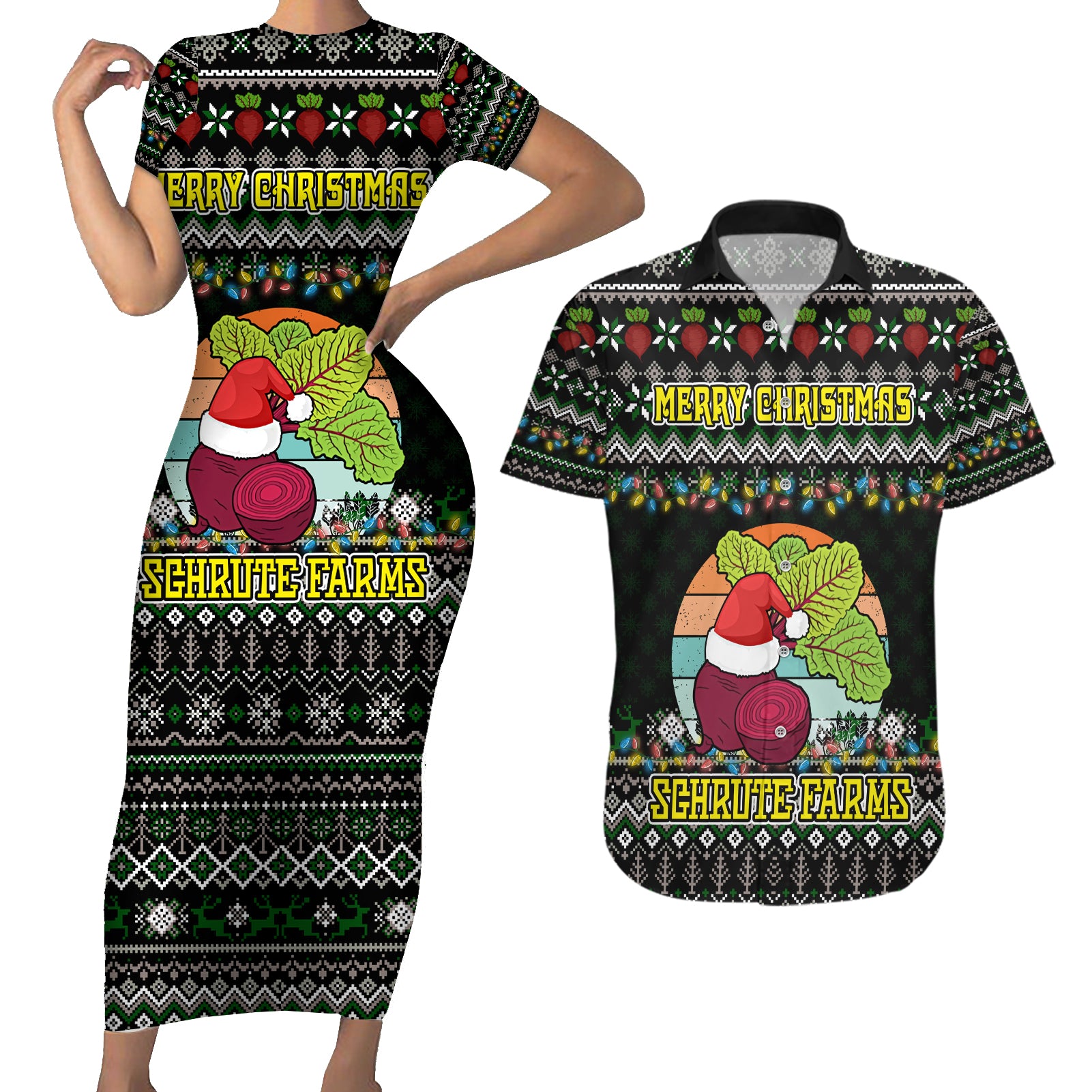 Merry Christmas Schrute Farms Couples Matching Short Sleeve Bodycon Dress and Hawaiian Shirt - Wonder Print Shop