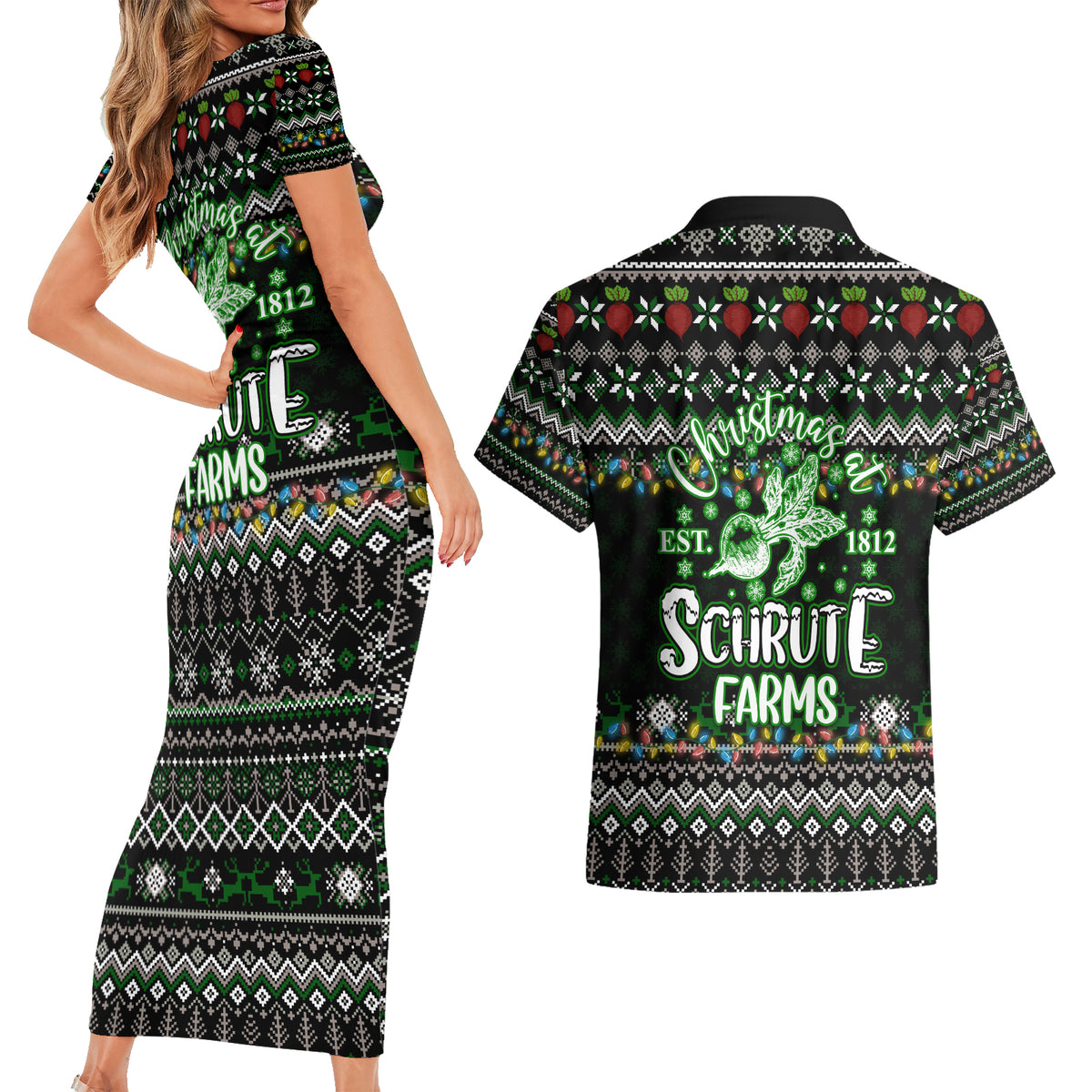 Merry Christmas Schrute Farms Couples Matching Short Sleeve Bodycon Dress and Hawaiian Shirt - Wonder Print Shop