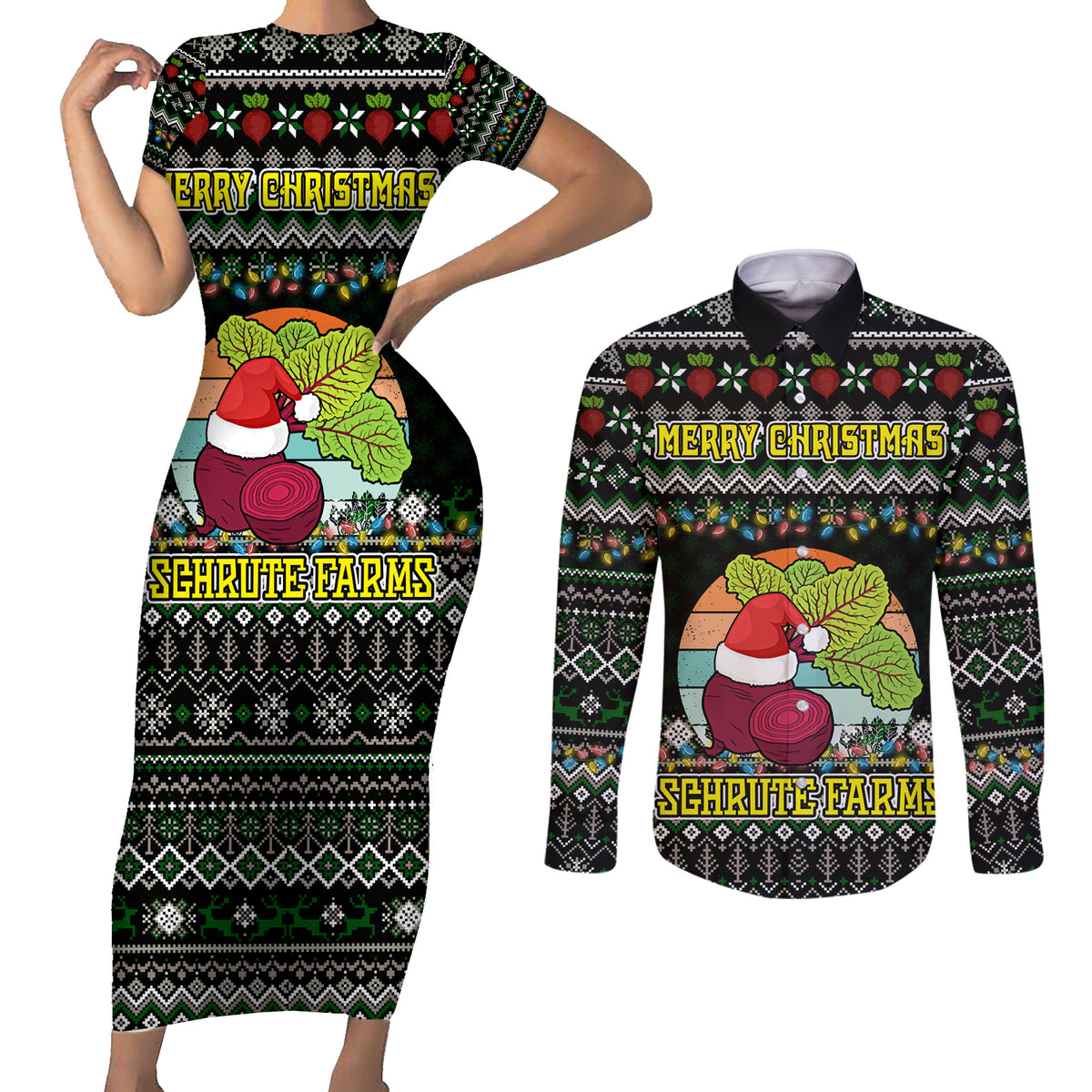 Merry Christmas Schrute Farms Couples Matching Short Sleeve Bodycon Dress and Long Sleeve Button Shirt - Wonder Print Shop