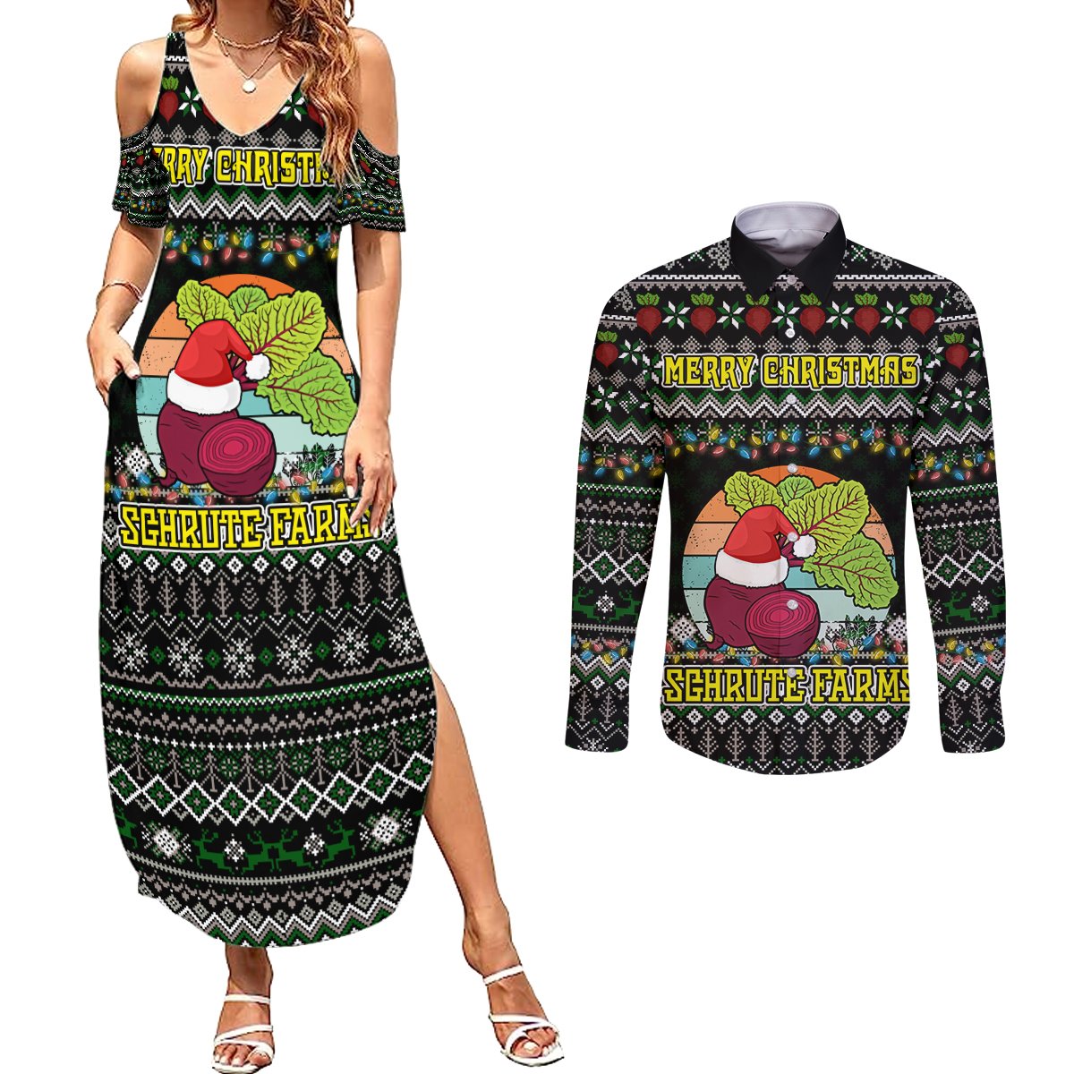 Merry Christmas Schrute Farms Couples Matching Summer Maxi Dress and Long Sleeve Button Shirt - Wonder Print Shop