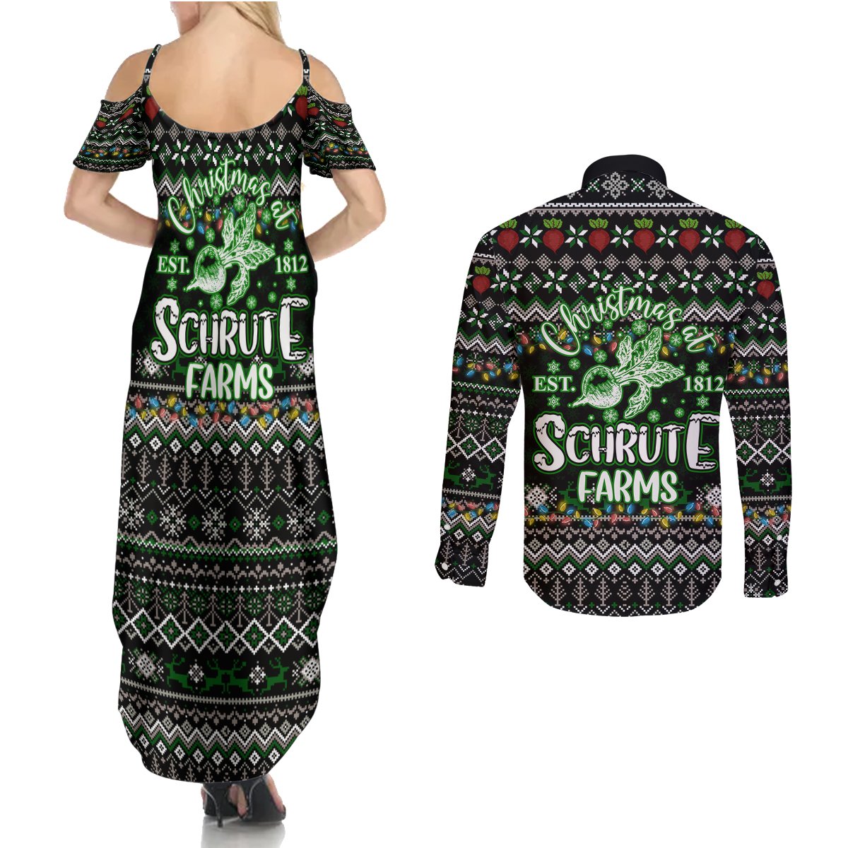 Merry Christmas Schrute Farms Couples Matching Summer Maxi Dress and Long Sleeve Button Shirt - Wonder Print Shop