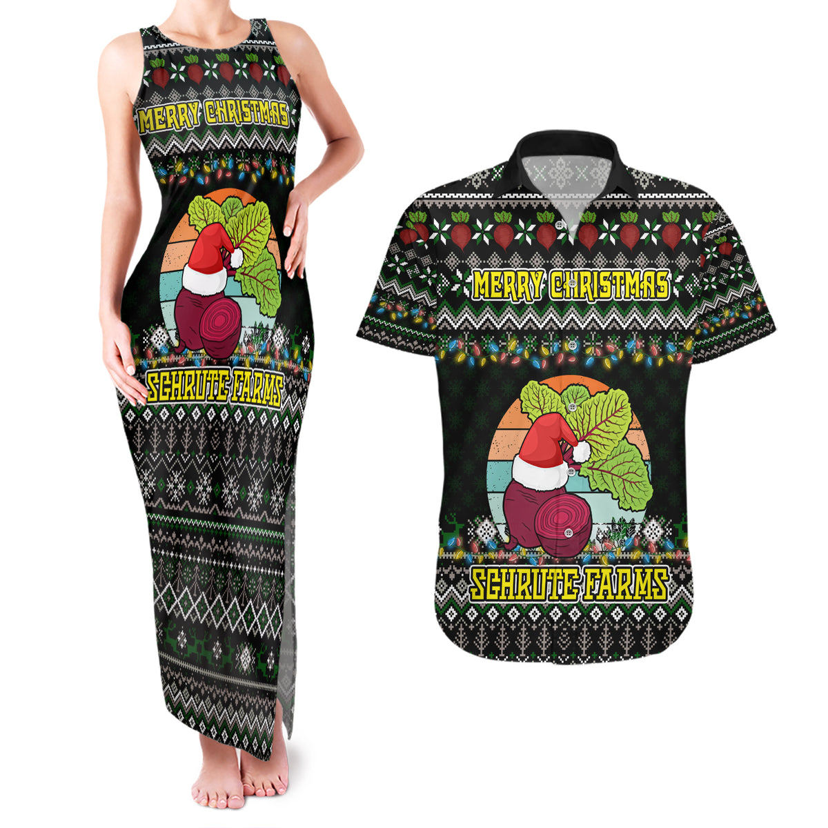 Merry Christmas Schrute Farms Couples Matching Tank Maxi Dress and Hawaiian Shirt - Wonder Print Shop