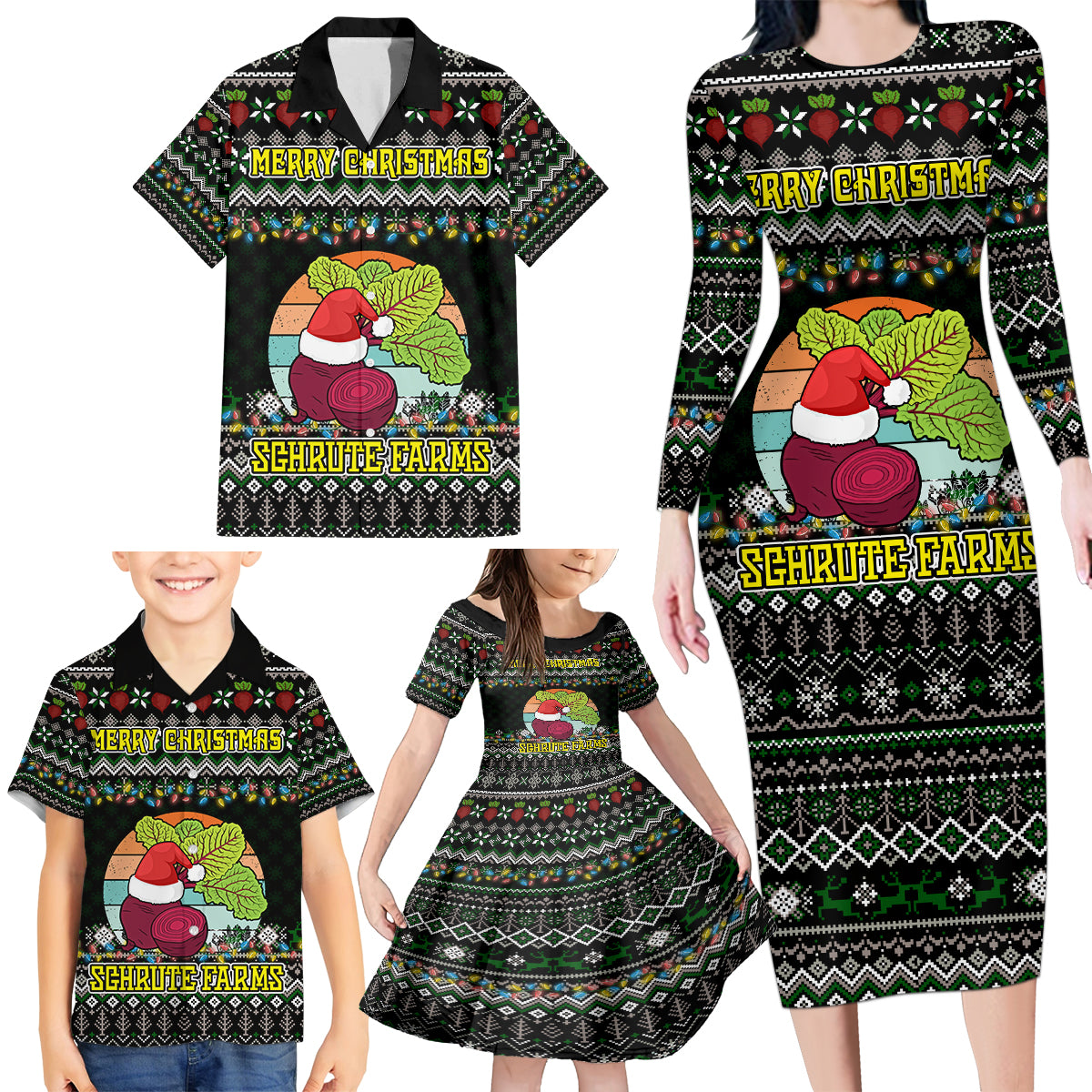 Merry Christmas Schrute Farms Family Matching Long Sleeve Bodycon Dress and Hawaiian Shirt - Wonder Print Shop