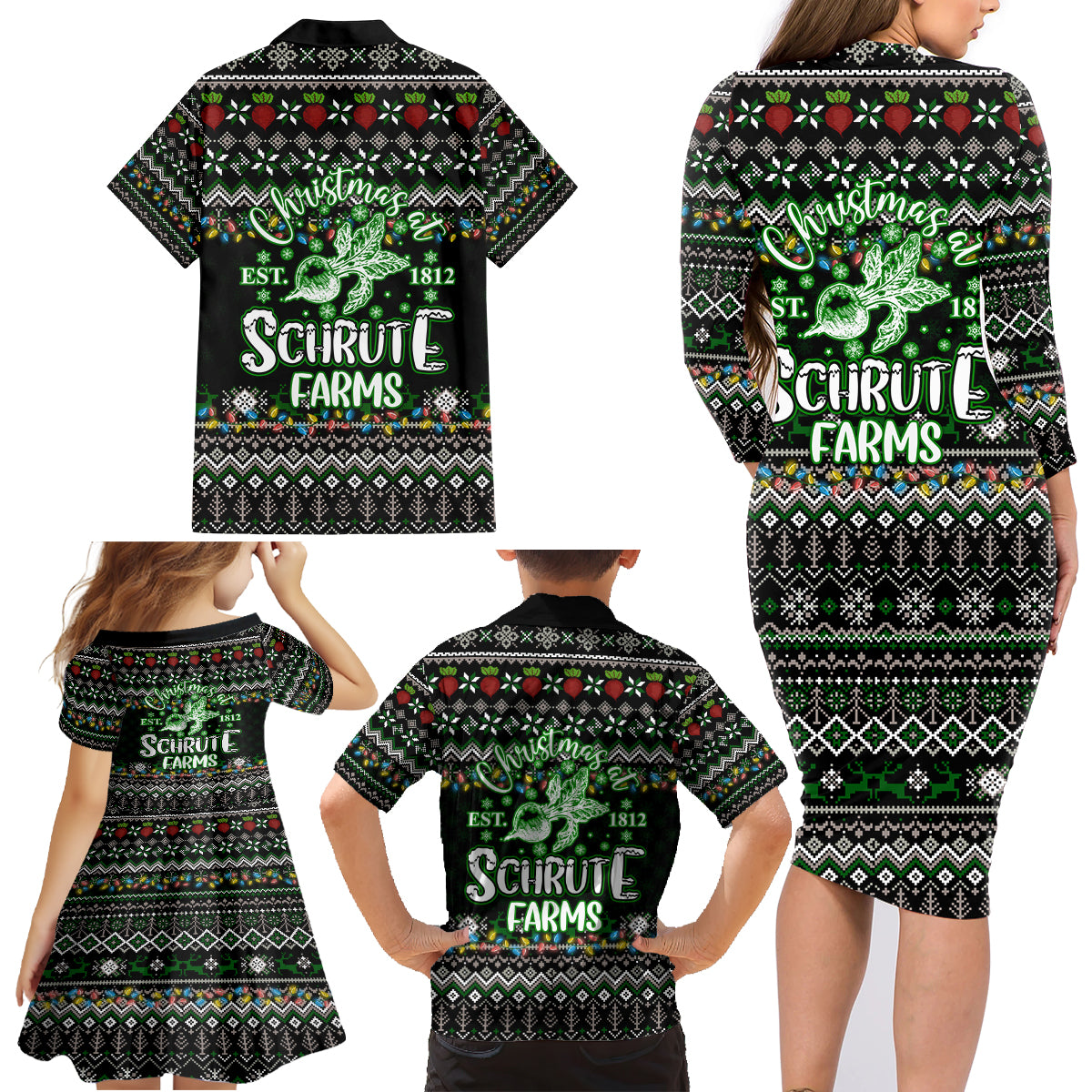 Merry Christmas Schrute Farms Family Matching Long Sleeve Bodycon Dress and Hawaiian Shirt - Wonder Print Shop