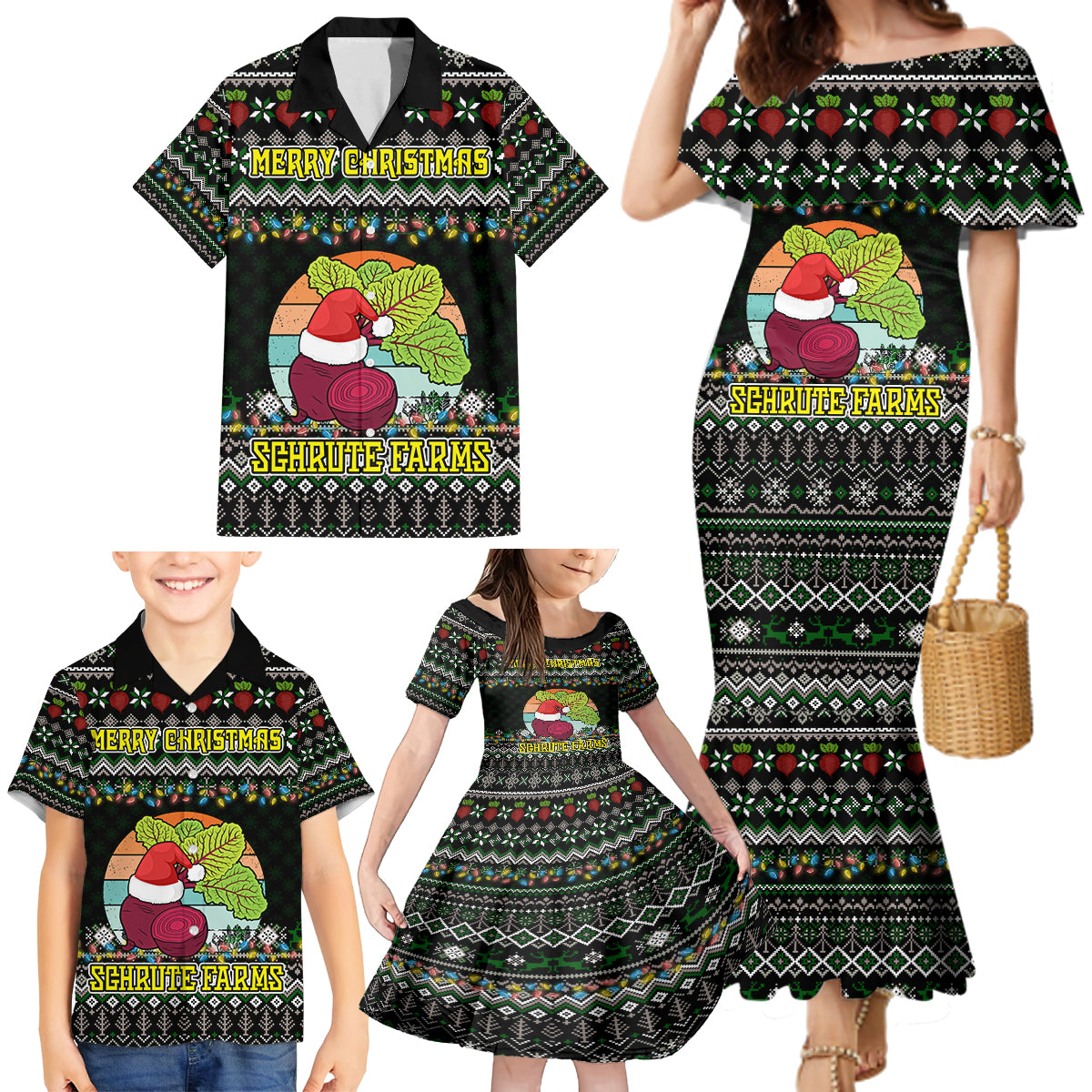 Merry Christmas Schrute Farms Family Matching Mermaid Dress and Hawaiian Shirt - Wonder Print Shop