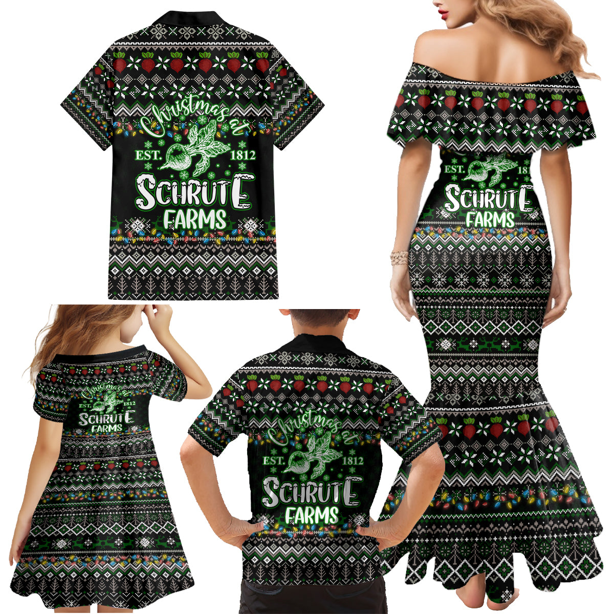 Merry Christmas Schrute Farms Family Matching Mermaid Dress and Hawaiian Shirt - Wonder Print Shop