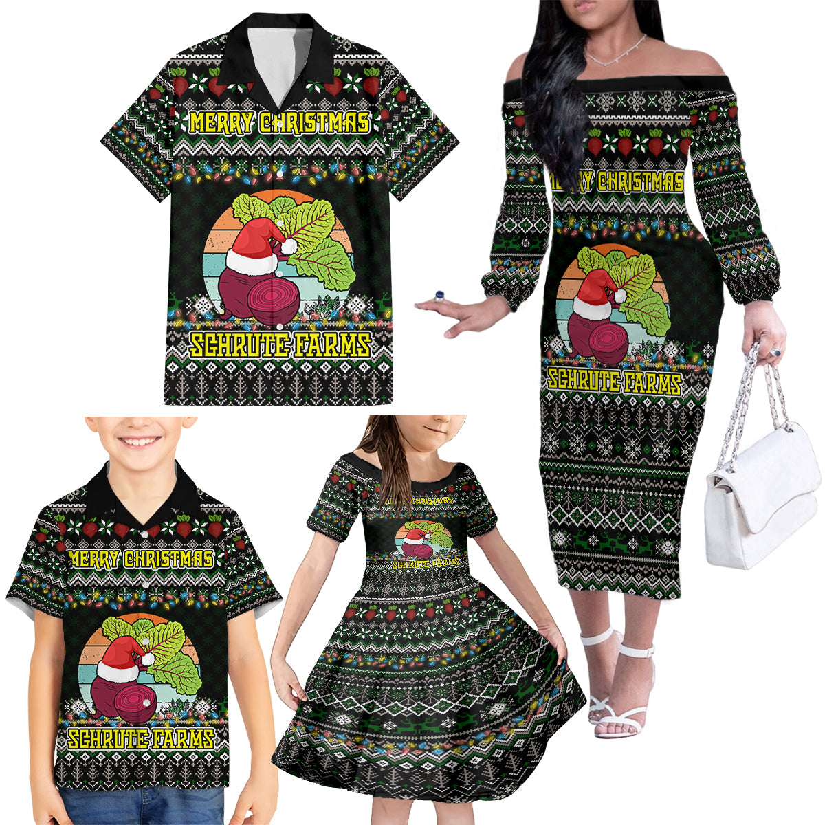 Merry Christmas Schrute Farms Family Matching Off Shoulder Long Sleeve Dress and Hawaiian Shirt - Wonder Print Shop
