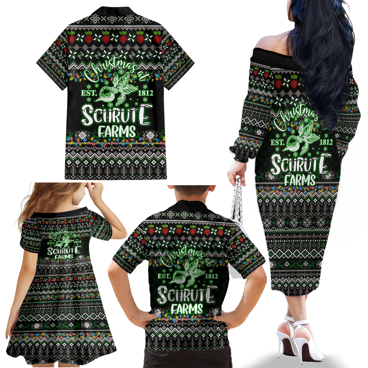 Merry Christmas Schrute Farms Family Matching Off Shoulder Long Sleeve Dress and Hawaiian Shirt - Wonder Print Shop