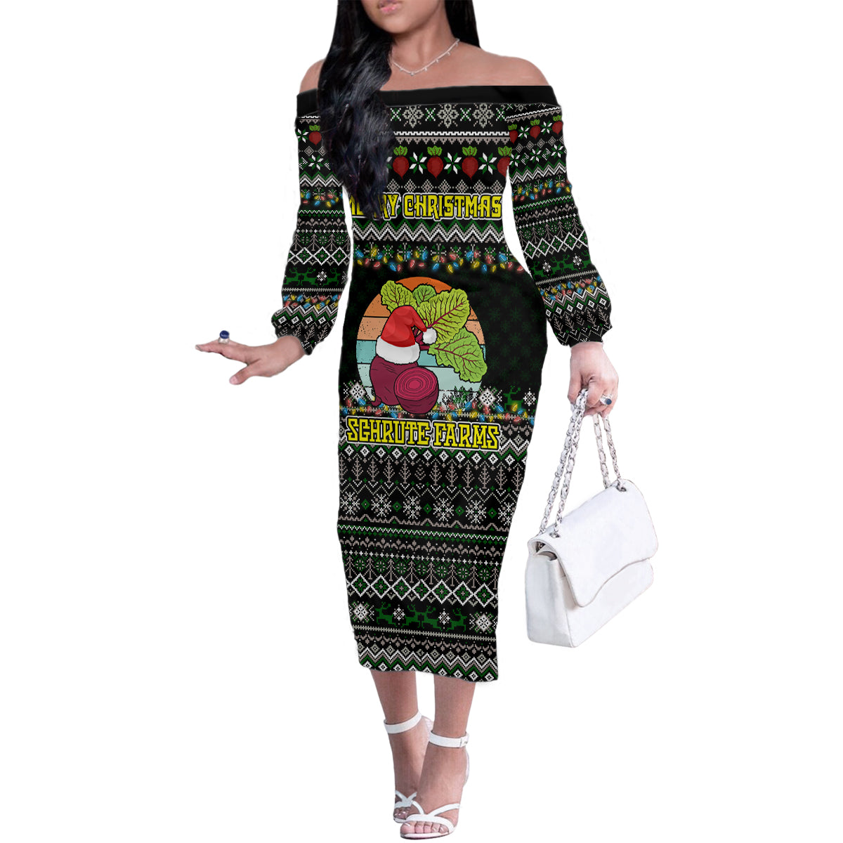 Merry Christmas Schrute Farms Family Matching Off Shoulder Long Sleeve Dress and Hawaiian Shirt - Wonder Print Shop