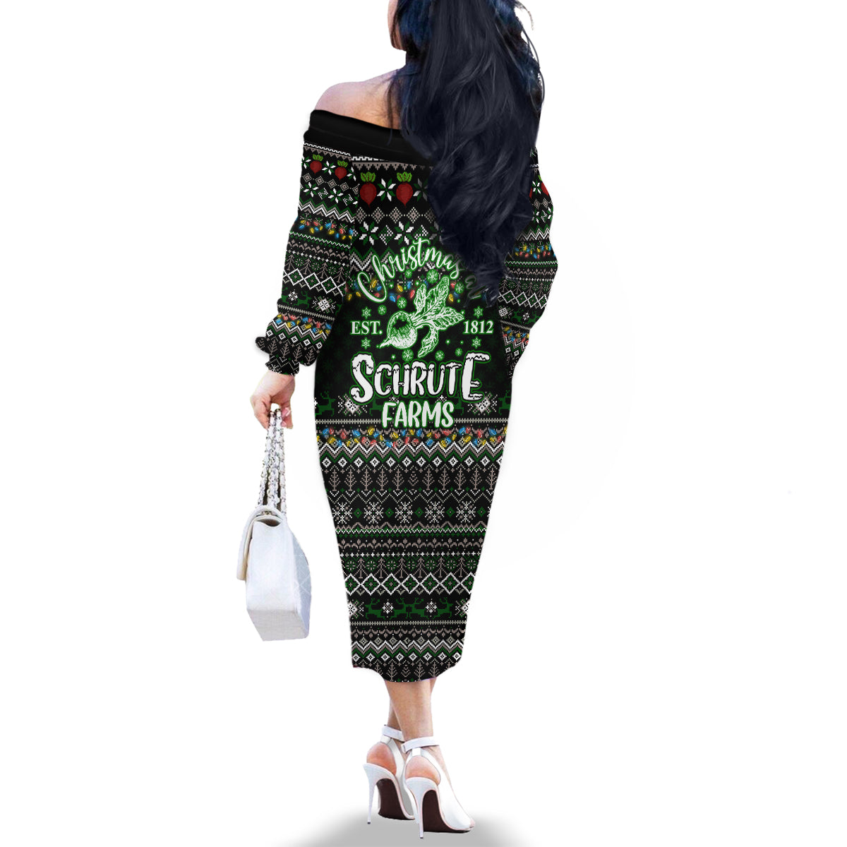 Merry Christmas Schrute Farms Family Matching Off Shoulder Long Sleeve Dress and Hawaiian Shirt - Wonder Print Shop