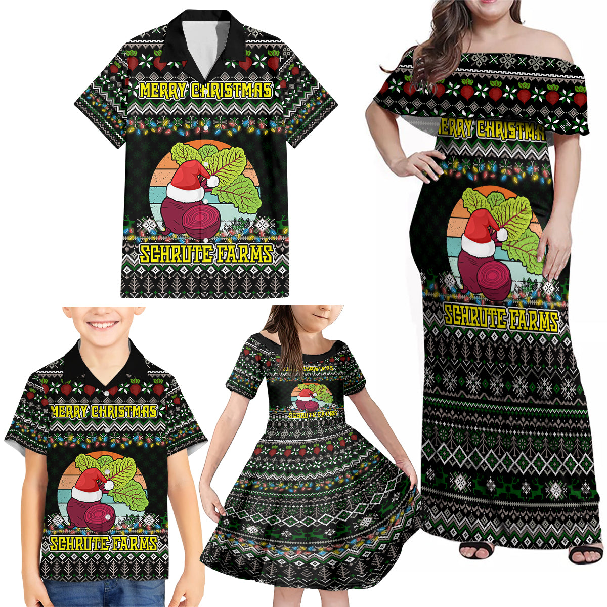 Merry Christmas Schrute Farms Family Matching Off Shoulder Maxi Dress and Hawaiian Shirt - Wonder Print Shop