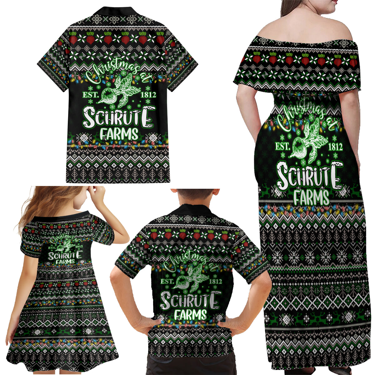 Merry Christmas Schrute Farms Family Matching Off Shoulder Maxi Dress and Hawaiian Shirt - Wonder Print Shop