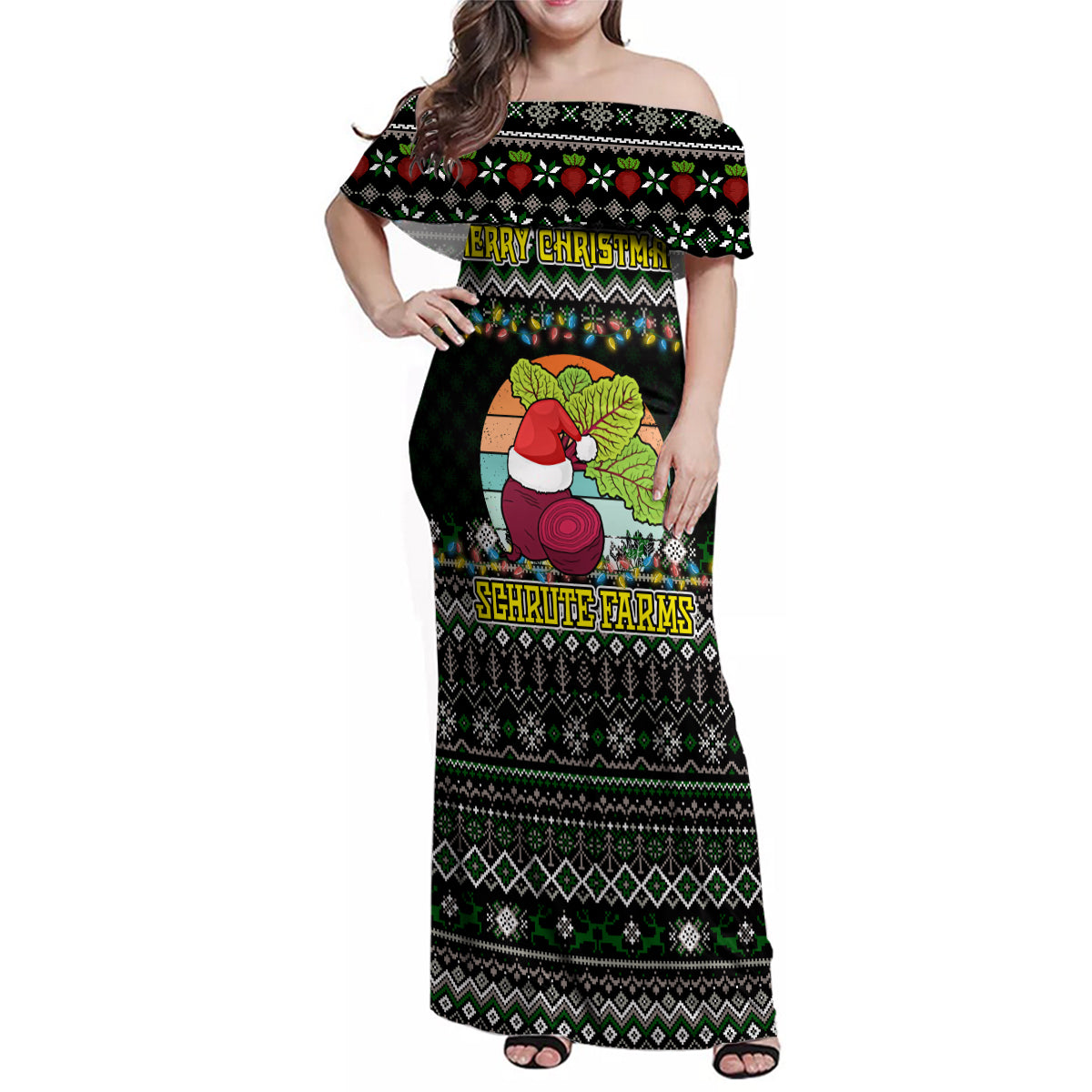 Merry Christmas Schrute Farms Family Matching Off Shoulder Maxi Dress and Hawaiian Shirt - Wonder Print Shop