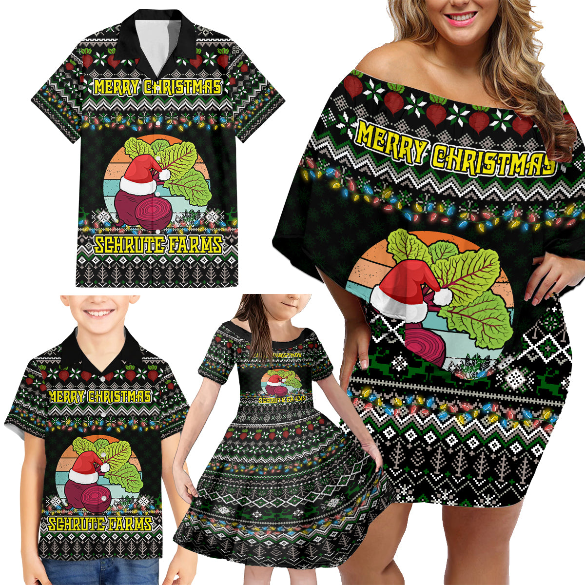 Merry Christmas Schrute Farms Family Matching Off Shoulder Short Dress and Hawaiian Shirt - Wonder Print Shop