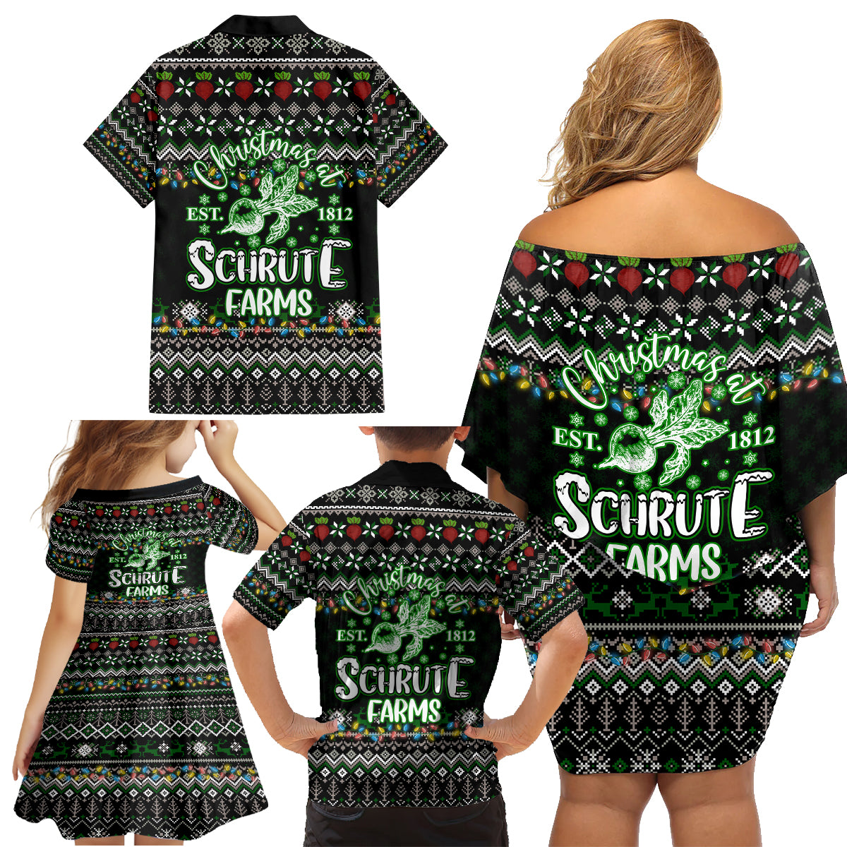 Merry Christmas Schrute Farms Family Matching Off Shoulder Short Dress and Hawaiian Shirt - Wonder Print Shop