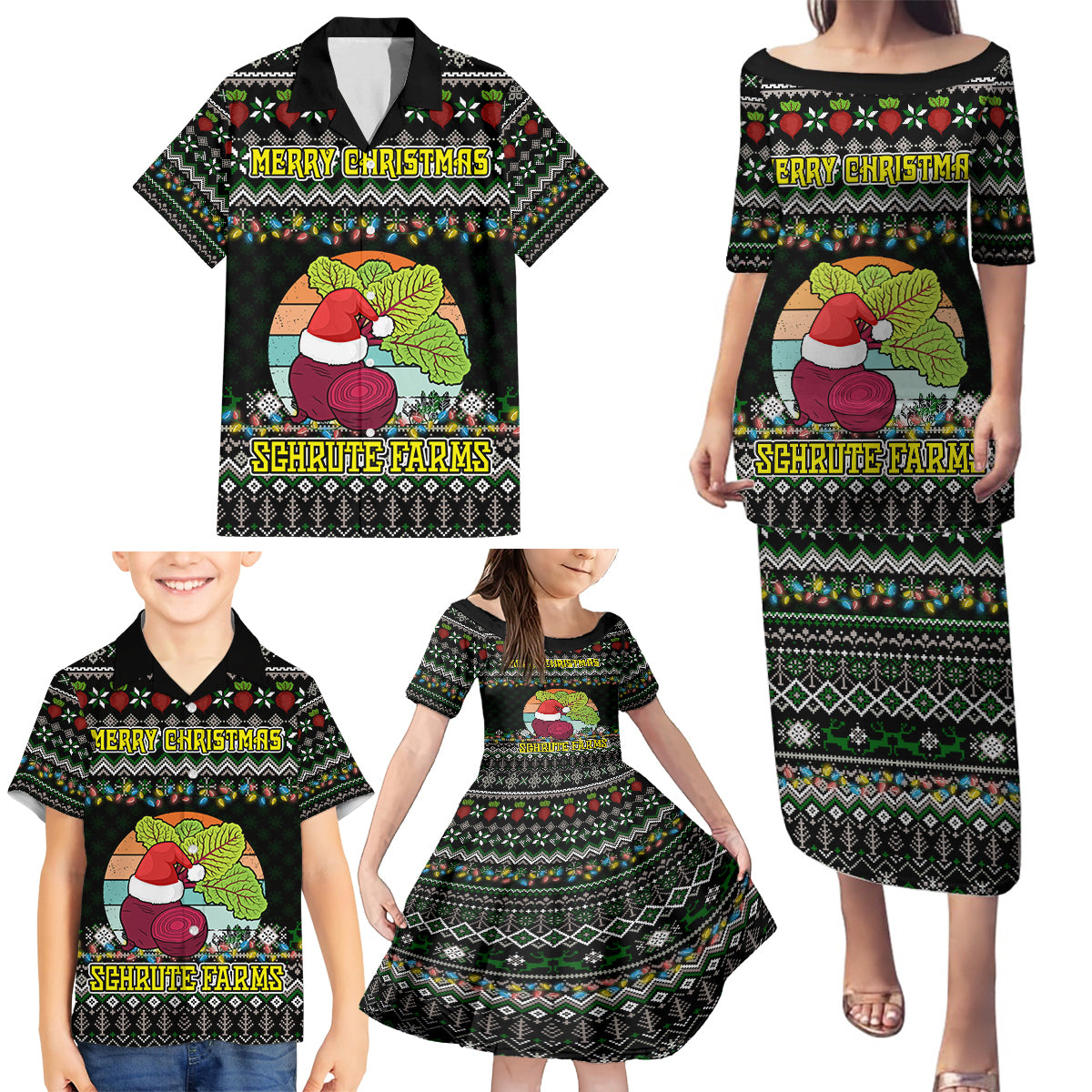 Merry Christmas Schrute Farms Family Matching Puletasi Dress and Hawaiian Shirt - Wonder Print Shop