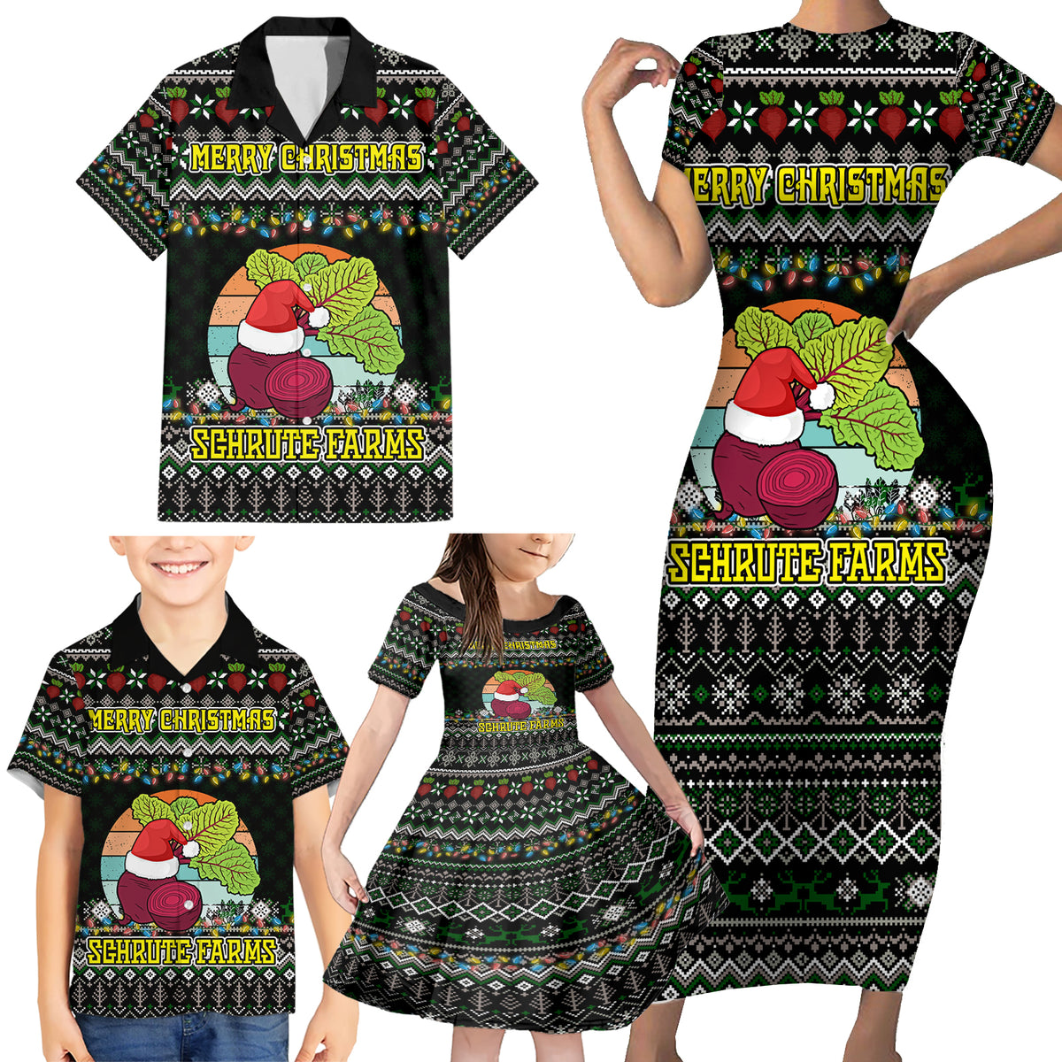 Merry Christmas Schrute Farms Family Matching Short Sleeve Bodycon Dress and Hawaiian Shirt - Wonder Print Shop