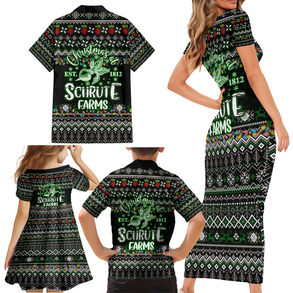 Merry Christmas Schrute Farms Family Matching Short Sleeve Bodycon Dress and Hawaiian Shirt - Wonder Print Shop