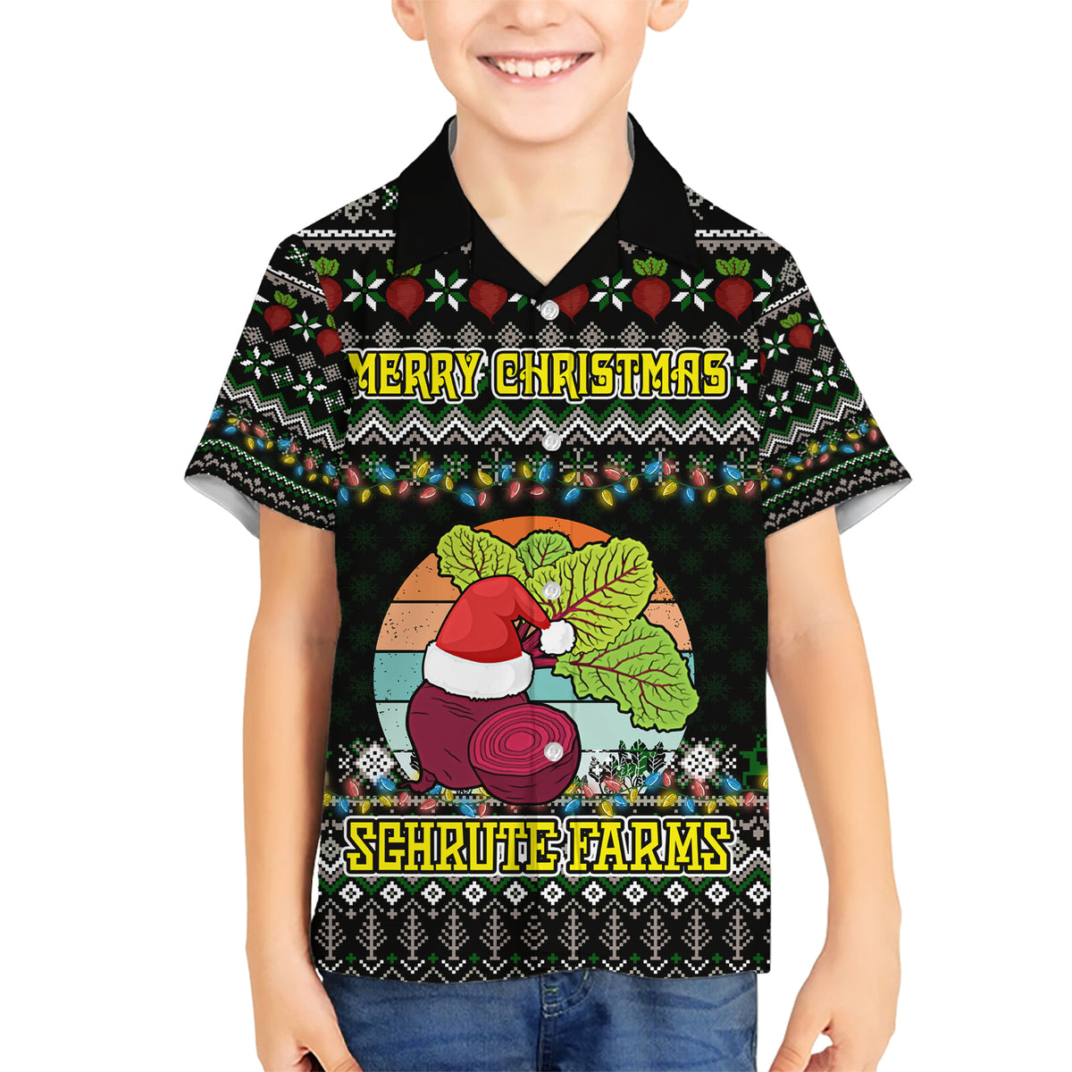 Merry Christmas Schrute Farms Family Matching Short Sleeve Bodycon Dress and Hawaiian Shirt - Wonder Print Shop