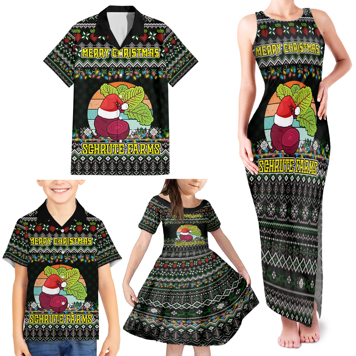 Merry Christmas Schrute Farms Family Matching Tank Maxi Dress and Hawaiian Shirt - Wonder Print Shop
