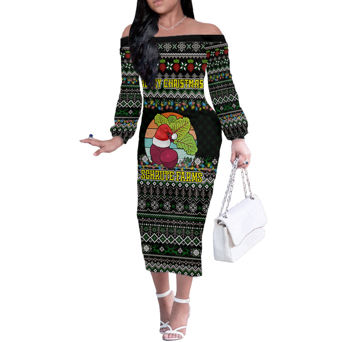 Merry Christmas Schrute Farms Off The Shoulder Long Sleeve Dress - Wonder Print Shop