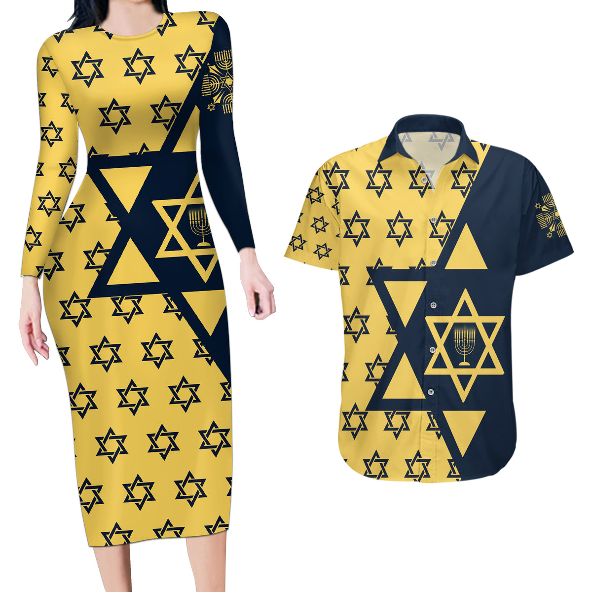 Happy Hanukkah Couples Matching Long Sleeve Bodycon Dress and Hawaiian Shirt Jewish Star of David - Wonder Print Shop